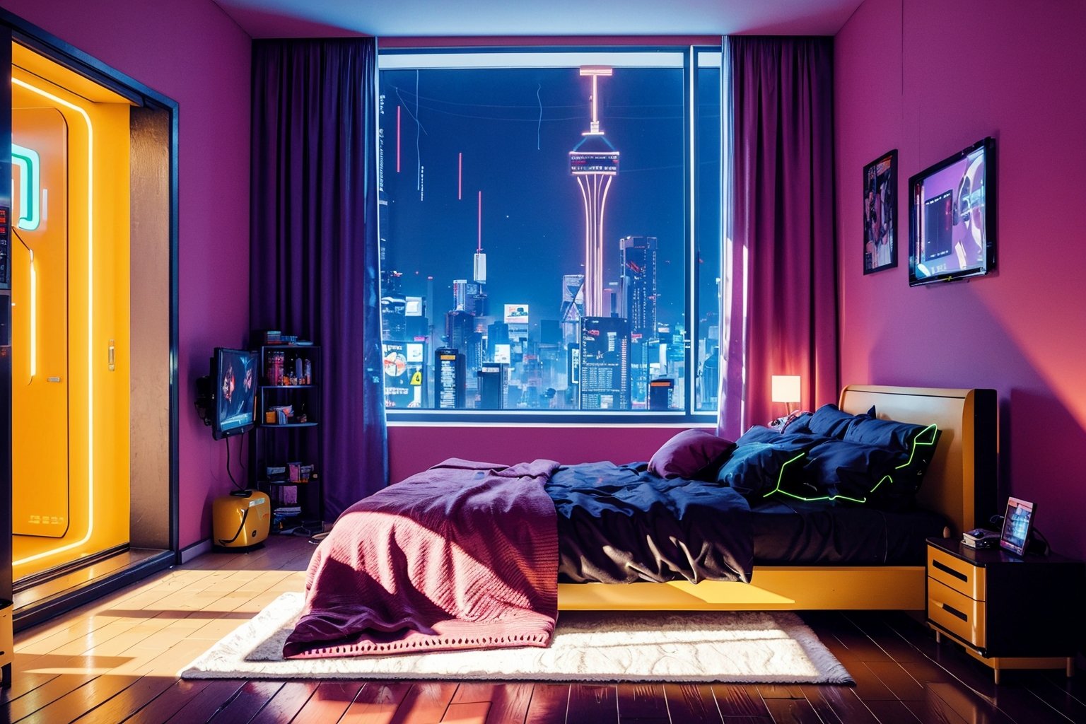 Cyberpunk 2077, bedroom, neon, dim lights, futuristic, orange lights, cables, electricity, gorgeous, details, skyscraper Windows, science fiction, blue-purple neon,