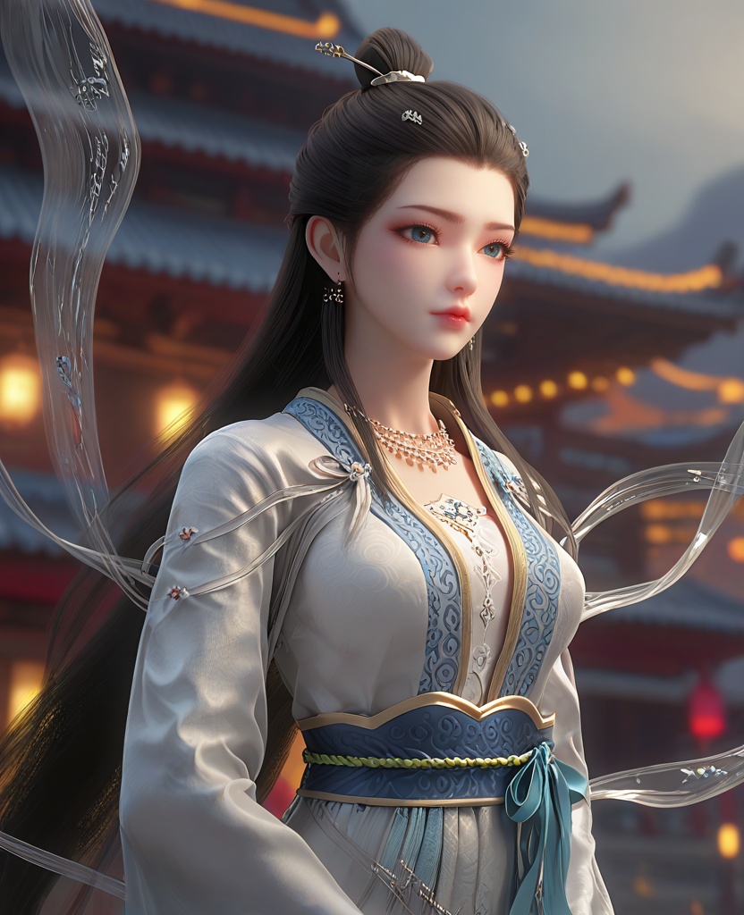 (oriental architecture, elegant decor, sophisticated style:1.1),(Posing with arms wrapped around the body,:1.1),(breasts:1.2),<lora:XL16长生界九州神女兰若:0.95>,miss lanruo,white dress,blue eyes,black hair,very long hair,hair bun,necklace,hanging hair,hair ornament,silk shawl,white bra,sash,blue dress hem,, score_9,score_8_up,score_7_up,score_6_up,score_5_up,score_4_up,3d rendering,tag1,tag2, Cinematic Lighting,backlighting,