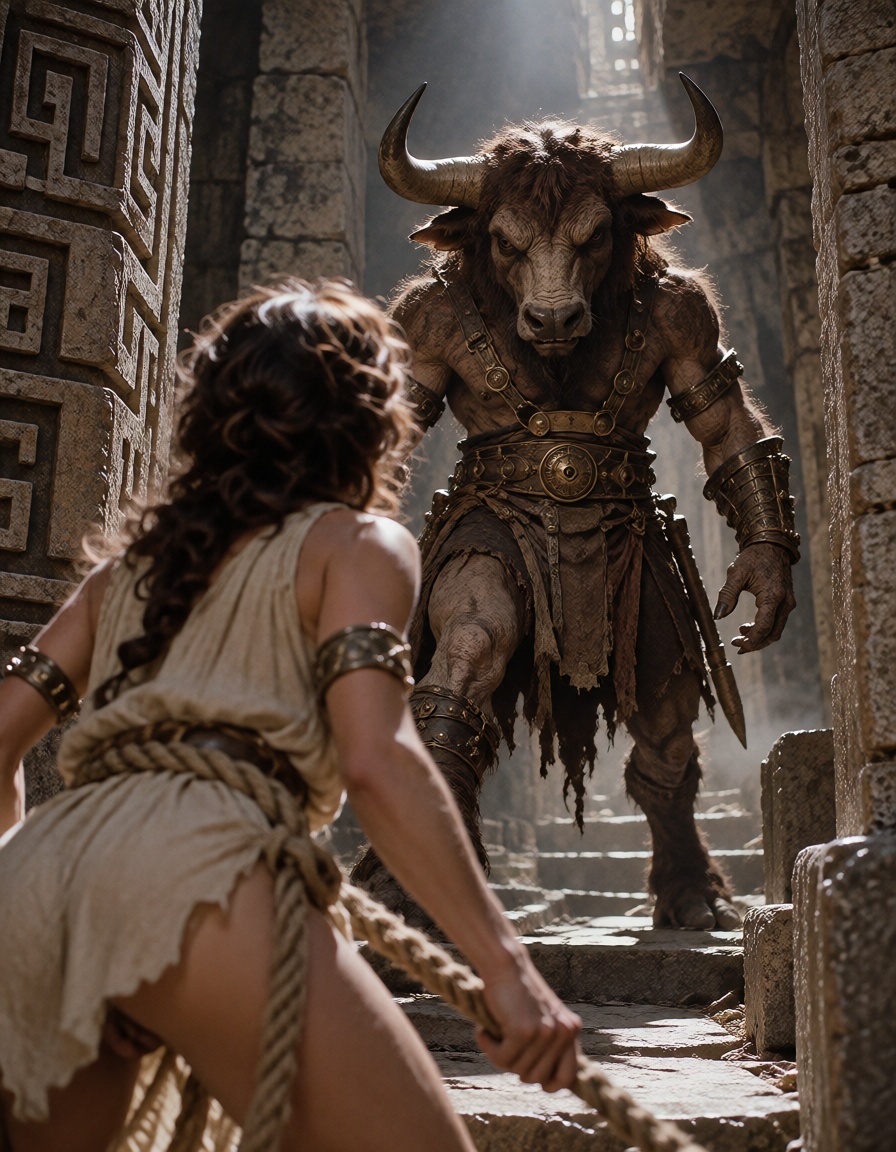 a bull-headed labyrinth sentinel confronting an ***** woman with a rope,  physical creature suit and carved stone maze set...