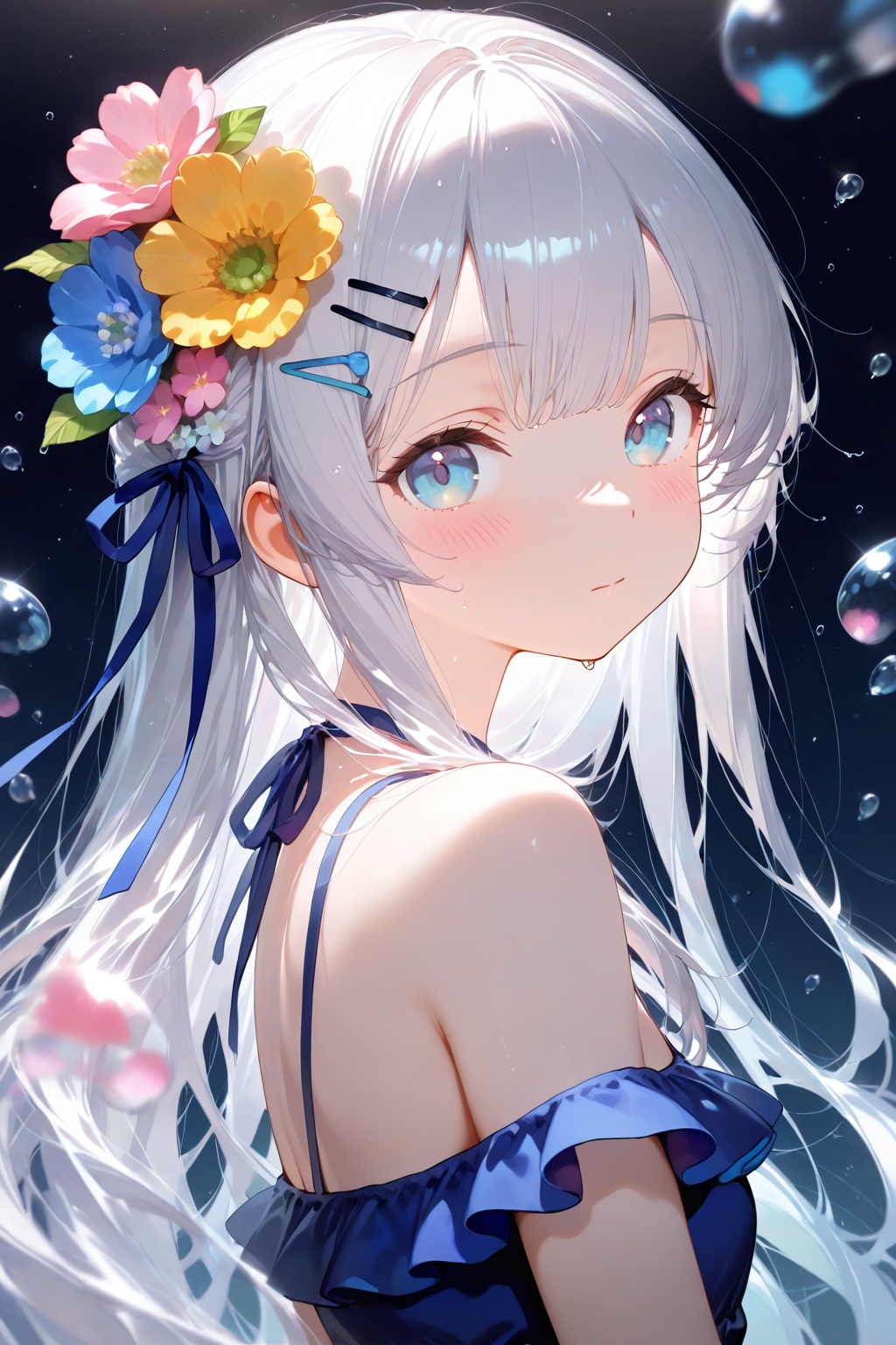 (masterpiece), (best quality), illustration, ultra detailed, hdr, Depth of field, (colorful),flower, 1girl, blue flower, solo, hair ornament, looking at viewer, blue eyes, bangs, long hair, bare shoulders, upper body, hairclip, black background, off-shoulder dress, off shoulder, white hair, blush, water drop, dress, closed mouth, bubble, hair flower, looking to the side, from side, blue ribbon, ribbon, blurry