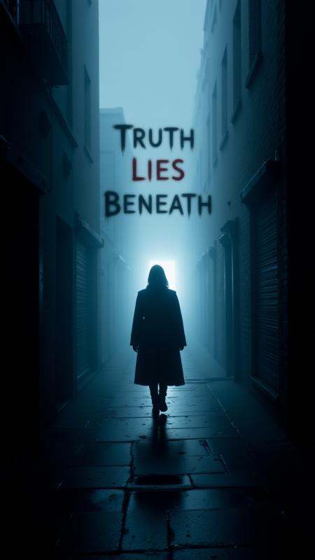 A mysterious movie poster featuring a shadowy figure walking down a foggy alley,  where the fog swirls and spells out "Tru...