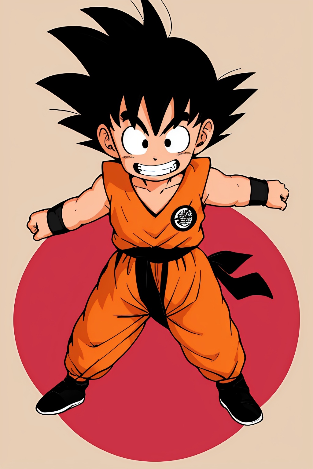 1 boy,black eyes,black hair,boots,cupping hands,dirty,dougi,fingernails,foreshortening,full body,grin,happy,leaning,looking at viewer,male focus,orange background,outstretched arm,outstretched arms,outstretched hand,reaching,reaching out,shadow,short hair,smile,solo,son goku,spiked hair,star \(symbol\),teeth,wristband，<lora:蔚蓝Blue小悟空2.0:0.8>