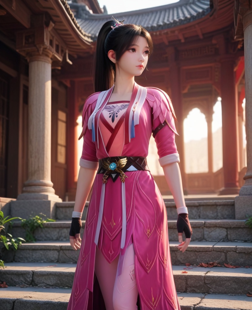 (oriental architecture, elegant decor, sophisticated style:1.1),(Standing with one foot in front, looking sideways,:1.1),(breasts:1.2),<lora:XL修罗武神苏美:0.95>,miss sumei,pink dress,undies,belt,brown eyes,black hair,ponytail,clothing patterns,fingerless gloves,elastic pants,, score_9,score_8_up,score_7_up,score_6_up,score_5_up,score_4_up,3d rendering,tag1,tag2, Cinematic Lighting,backlighting,