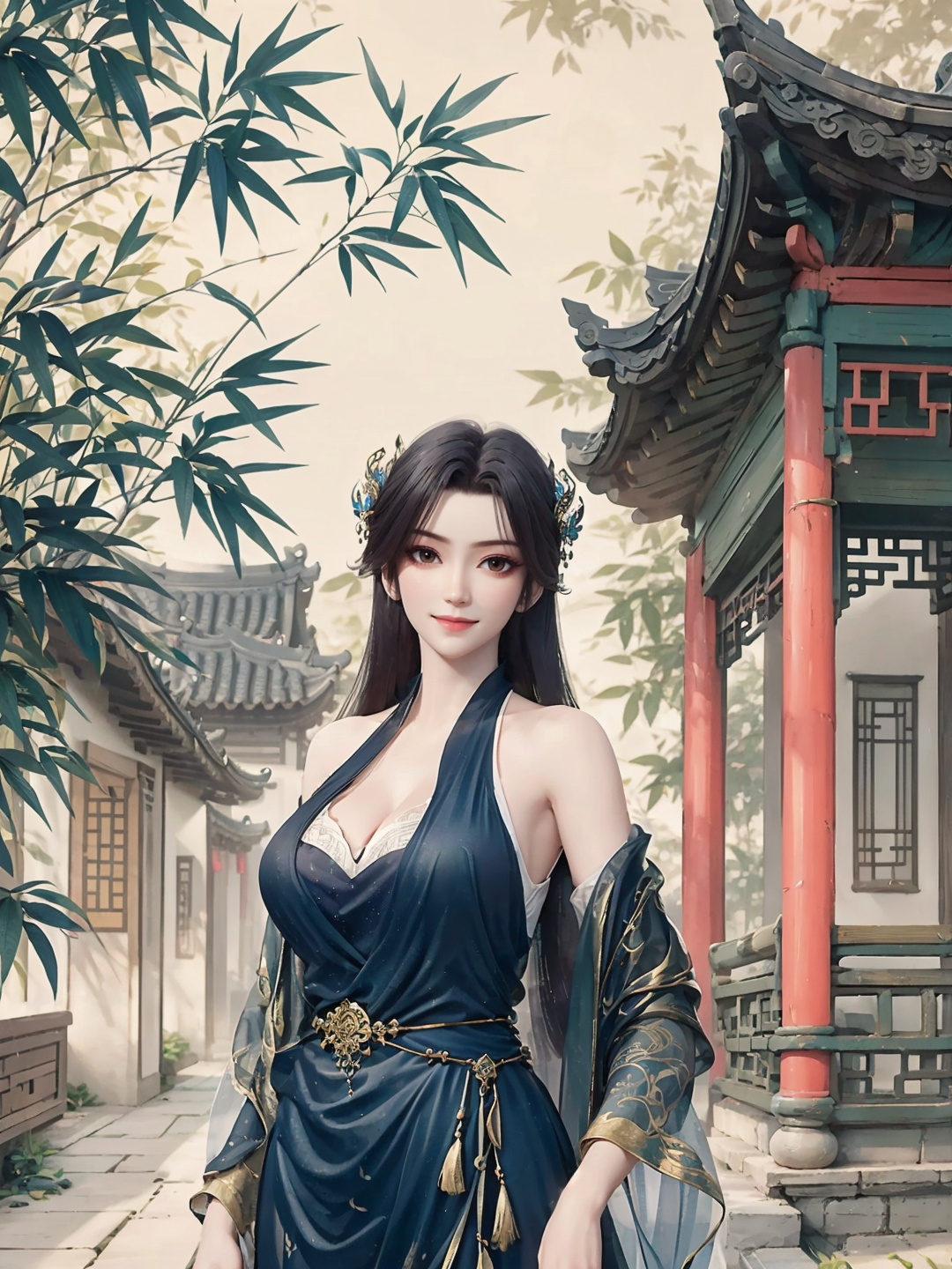 caoying,1girl,solo,light smile,closed mouth,(hair ornament:1.2),jewelry,(huge breasts),(dress:1.3),(looking at viewer),outdoors,(china building:1.3,china courtyard,east asian architecture),bamboo,depth of field,Highly detailed,(best quality:1.5,masterpiece:1.5),<lora:caoying-000010:0.9>,<lora:服装增减:-0.5>,