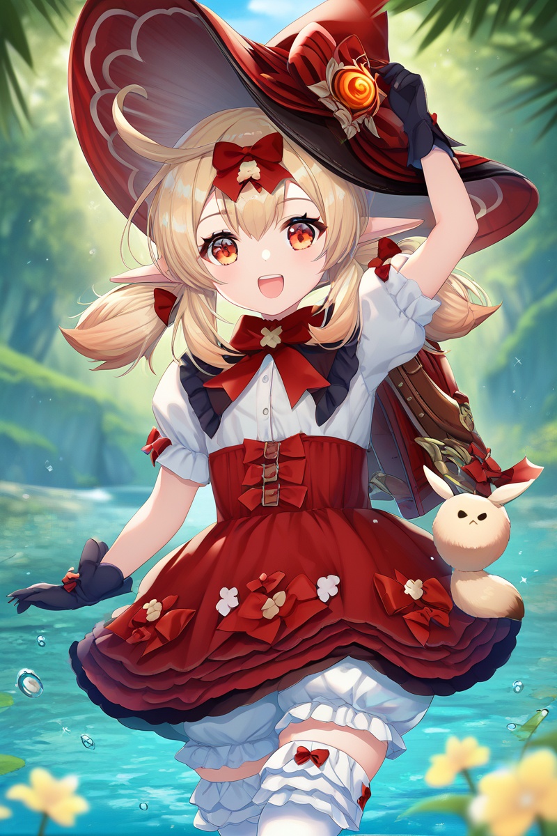 score_9,score_8_up,score_7_up,score_6_up,source_anime,source_cartoon,<lora:kleeTponyXL-000001:1>,klee \(Blossoming Starlight\), klee \(genshin impact\), 1girl, witch hat, solo, black gloves, low twintails, red eyes, puffy short sleeves, smile, bow, red bow, red headwear, blurry, looking at viewer, blonde hair, pointy ears, :d, official alternate costume, white bloomers, outdoors, red dress, hair bow, arm up, depth of field, open mouth, puffy sleeves, blurry background, white thighhighs, red bowtie, backpack, corset, loli