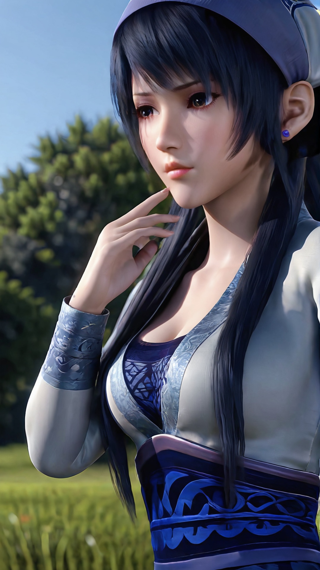 The image is a close-up portrait of a young woman with long black hair. She is wearing a blue and white patterned dress with a high neckline and long sleeves. Her hair is styled in loose waves and falls over her shoulders. She has a serious expression on her face and her hand is resting on her chin, as if she is deep in thought. The background is blurred, but it appears to be an outdoor setting with trees and a blue sky. The overall mood of the image is peaceful and contemplative..,<lora:pony端木蓉:0.8>,