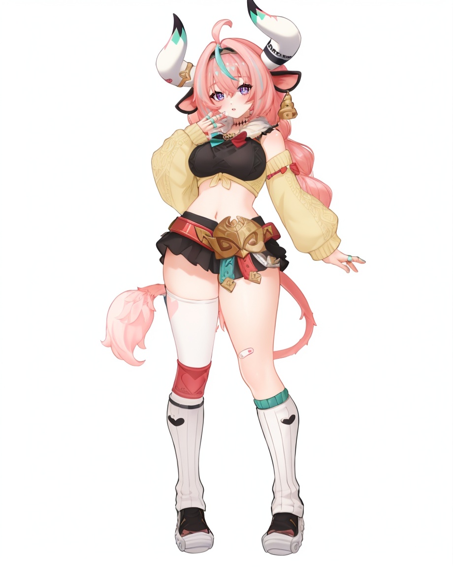 8k,best quality,masterpiece,(ultra-detailed),(high detailed skin),(by nanoless, by misumi \(macaroni\),:0.5),A full-body portrait of a young girl,standing gracefully,pastel art style,high-key lighting,shoujo manga influence,hd quality,delicate details,full body,full shot,standing,looking at viewer,(solo:1.2),simple background,white background,<lora:varesa-sd-Tanger:1>,varesa \(genshin impact\),clothes:varesa def black crop top with black skirt,1girl,animal ears,large breasts,purple eyes,pink hair,cow ears,braid,multicolored hair,cow girl,cow tail,navel,single thighhigh,cow horns,long hair,asymmetrical legwear,white socks,midriff,detached yellow sleeves,