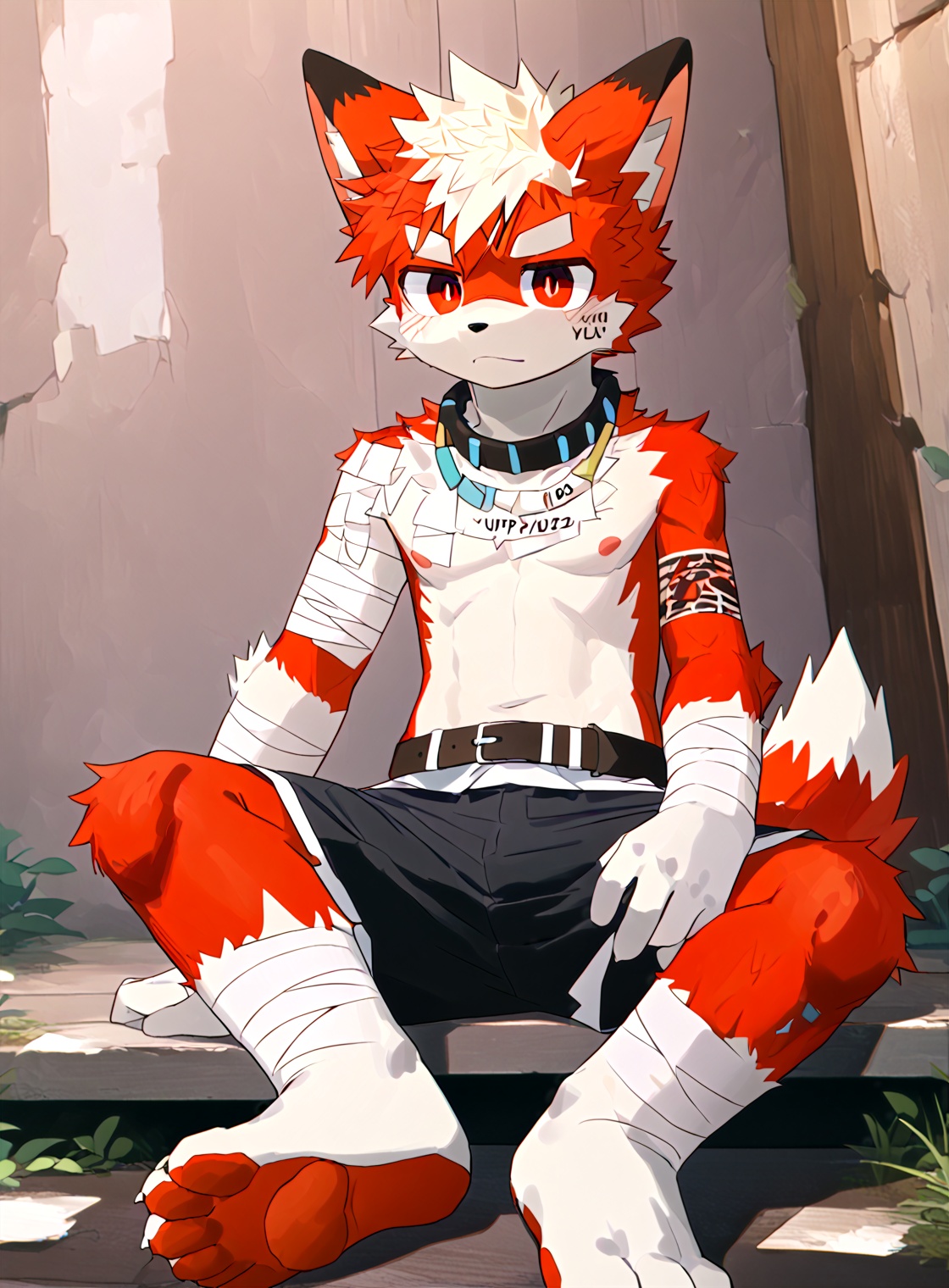 solo,male_child,(shota:1.25),vup-yz,vup-yz face,vup-yz hair,vup-yz animal_ears,vup-yz tail BREAK vup-yz bandage_on_arm,vup-yz necklace,vup-yz open_clothes,vup-yz shorts_and_belt,vup-yz bandage_on_feet BREAK (prefect_foot,prefect_hands,prefect_eyes:1.05),wide_shot,[looking at viewer],sit,confused,head tilt,feet focus BREAK score_9,score_8_up,score_7_up,score_6_up,score_5_up,source_anime,anime_screencap,vup-yz bandage_on_chest,Akira,Glitch,body fur,furry,<lora:电影工坊V3.0:0.44>,<lora:nayoshi01g:0.4>,<lora:细腻线条:0.35>,<lora:Expressive_H:0.3>,<lora:Gondom_Style:0.6>,