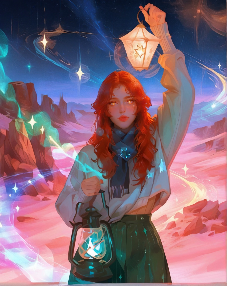 female focus, solo, mature, 1girl, arm_up, blue_scarf, blue_sweater, closed_mouth, cowboy_shot, glowing, red_hair, green_skirt, hand_up, holding, holding_lantern, lantern, lips, long_hair, long_sleeves, looking_at_viewer, orbital_path, orbited background, scarf, sidelocks, skirt, sleeves_past_wrists, solo, sparkle, standing, star_(symbol), straight-on, sweater, yellow_eyes<lora:BurntSugar:1>