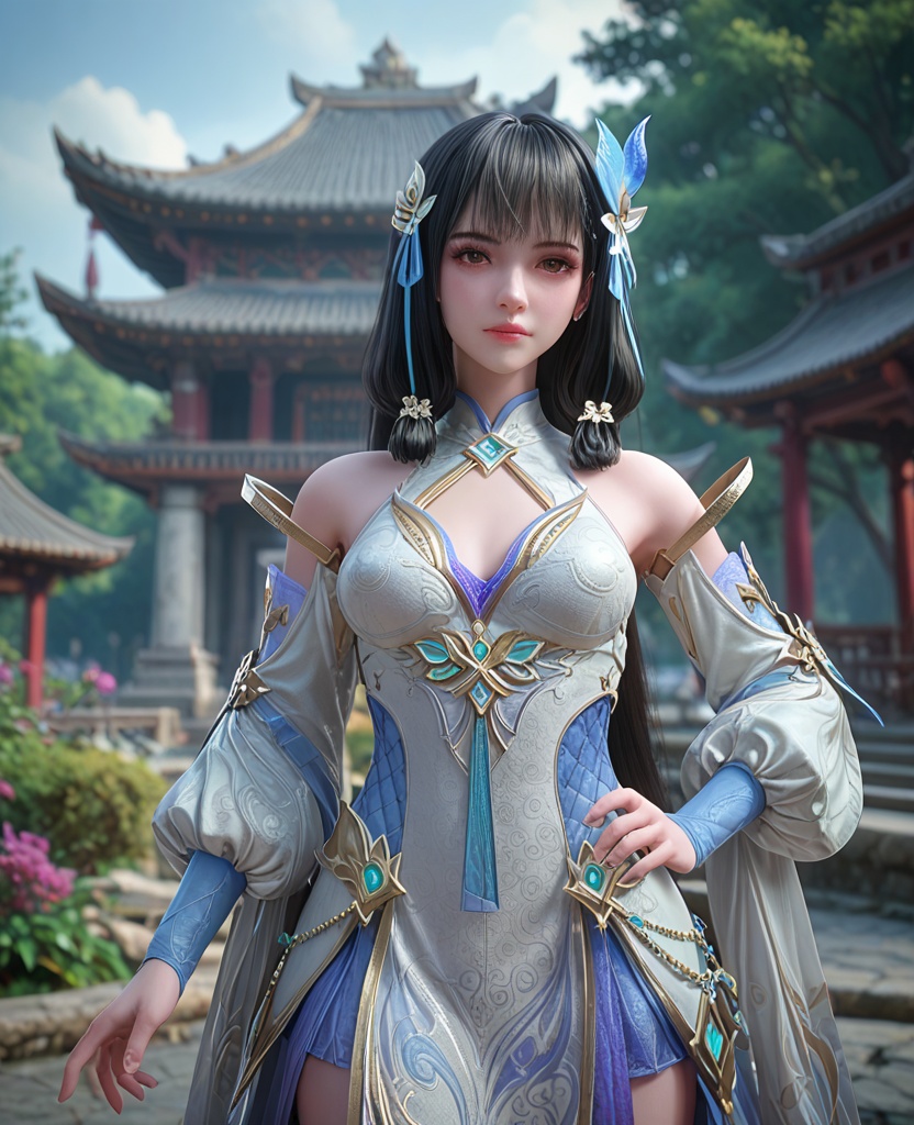 (oriental architecture, elegant decor, sophisticated style:1.1),(Posing with one hand on hip and the other arm extended outward,:1.1),(breasts:1.2),<lora:XL百炼成神云落透纱:0.8>,miss yunluobaiyi,white dress,hair flower,hair tubes,detached sleeves,black hair,hair ribbon,blunt bangs,waist blue mesh,orange eyes,tassel,see-through overskirt,jewelry,, zPDXL2, score_9, score_8_up, score_7_up BREAK realistic, masterpiece,best quality, highly detailed,, zPDXL3, zPDXL2,zPDXL, zPDXLxxx, zPDXLrl,