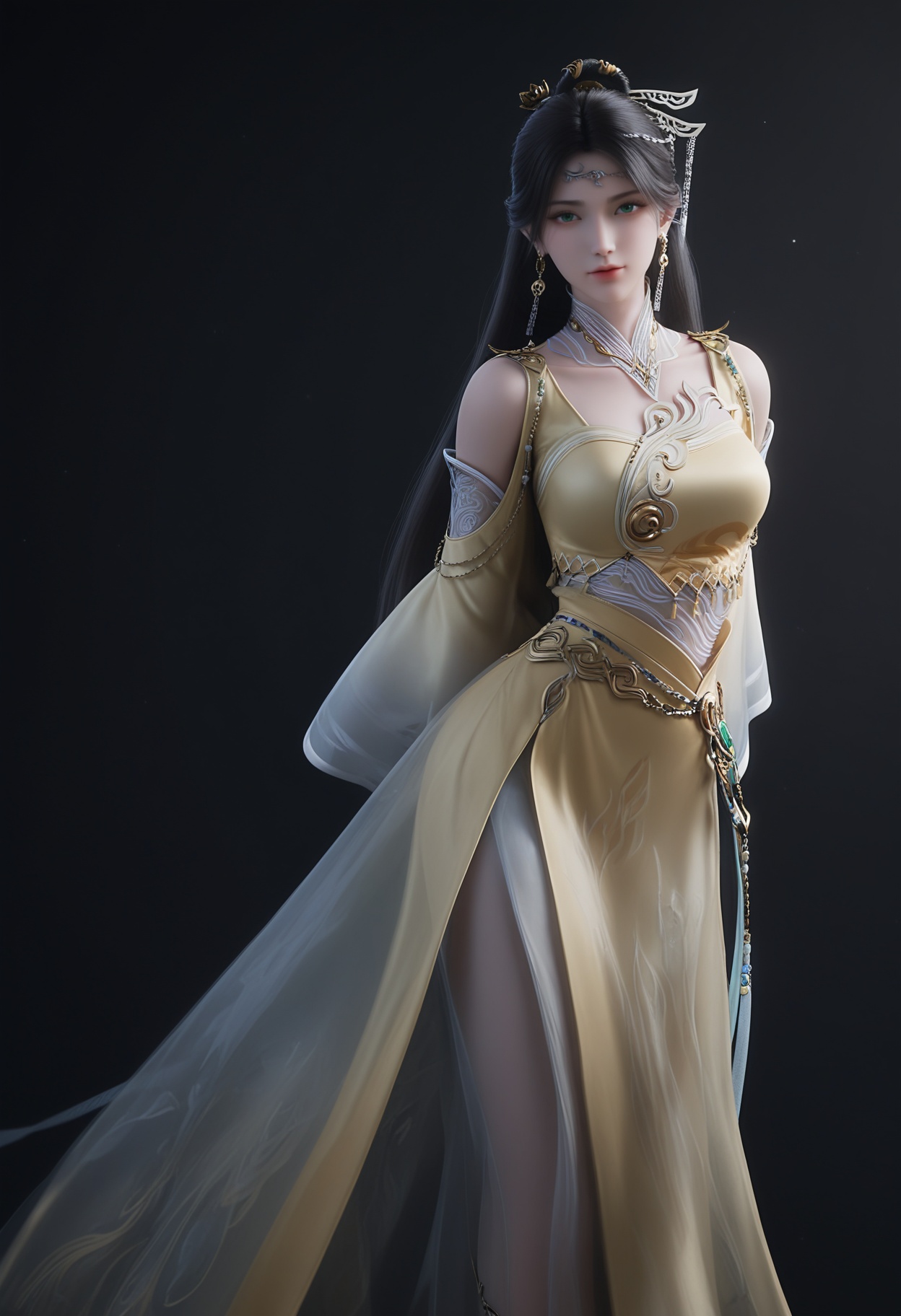 masterpiece,best quality,absurdres,highres,BREAK(glamor:1.1),slender,1girl,solo,<lora:金瓶儿-ill:0.82>,jingpinger,long hair,black hair,hair ornament,earrings,jewelry,green eyes,shoulder cutout,wide sleeves,yellow dress,see-through,anklet,shoes,looking at viewer,front view,standing,arms behind back,BREAKsimple background,black background,rim light,Tyndall effect,Volumetric Lighting,Cinematic Lighting,realistic,depth of field,