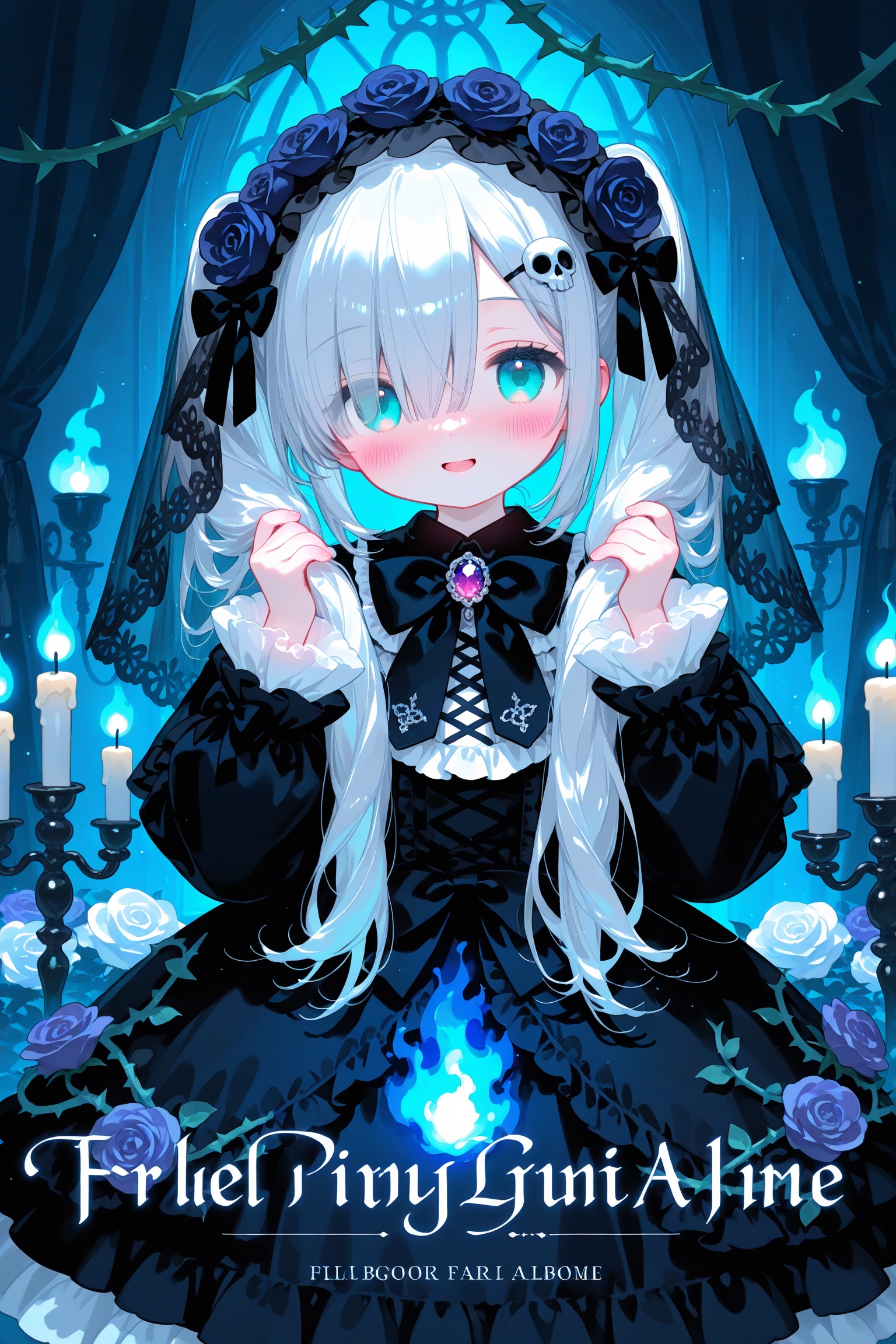 loli,1girl flower skull dress black dress smile lolita fashion long hair rose candle solo bow gothic lolita looking at viewer black bow blue eyes blue flower long sleeves bangs fire black flower candlestand black rose animal blue rose cover grey hair puffy sleeves :d hands up hair ornament blush hair flower two side up sleeves past wrists hair between eyes cover page white flower brooch open mouth very long hair dog frills burning puffy long sleeves hair over one eye jewelry twintails white hair white rose veil english text hair bow blue fire blue theme parted lips glowing bowtie purple flower black bowtie plant aqua eyes frilled dress thorns gothic copyright name bone flame vines curtains indoors green eyes purple rose gem bug album cover,