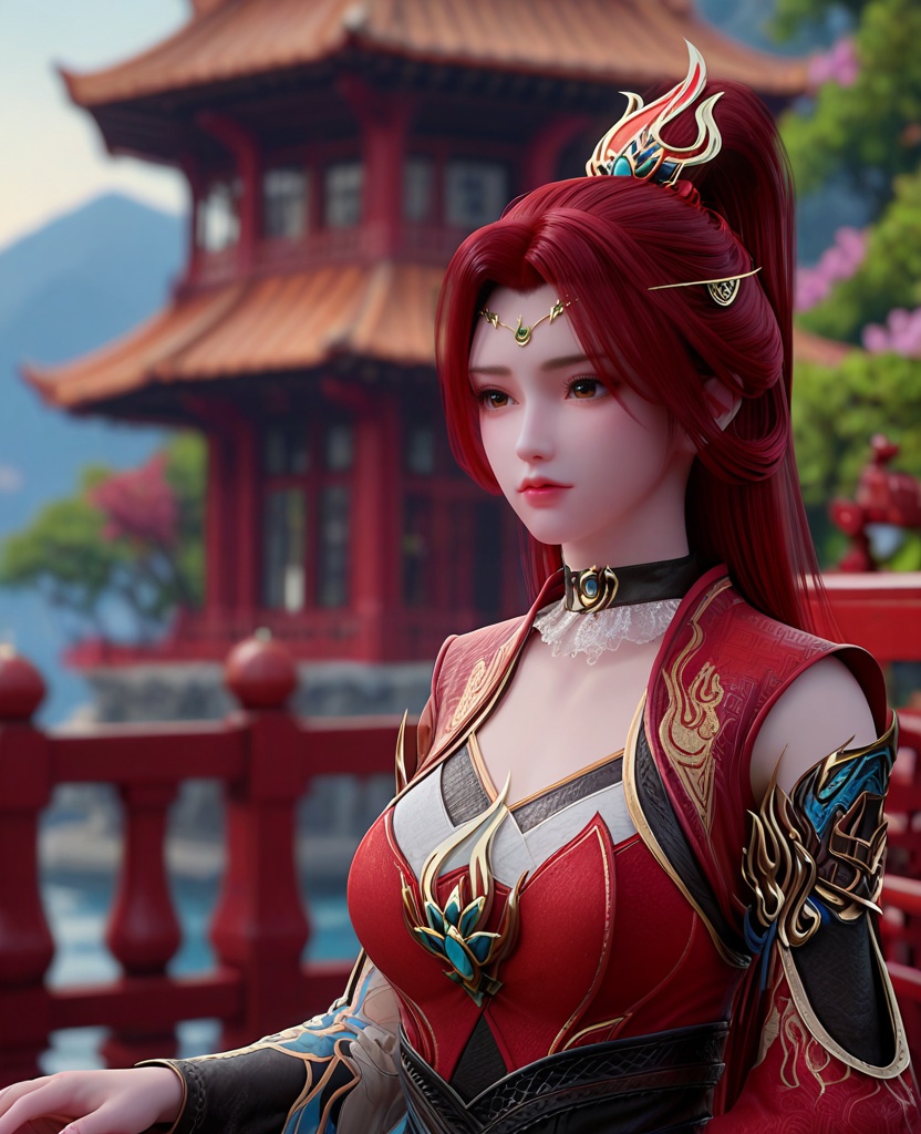 (oriental architecture, elegant decor, sophisticated style:1.1),(Leaning against a fence or railing, looking away, as if waiting for someone or something,:1.1),looking at viewer,(breasts:1.2),<lora:XL斗破苍穹唐火儿:0.95>,miss tanghuoer,red dress,brown eyes,red hair,ponytail,hair ornament,long hair,choker,asymmetrical sleeves,sash,skirt,, score_9,score_8_up,score_7_up,score_6_up,score_5_up,score_4_up,3d rendering,tag1,tag2, Cinematic Lighting,backlighting,, zPDXL3, zPDXL2,zPDXL, zPDXLxxx, zPDXLrl,