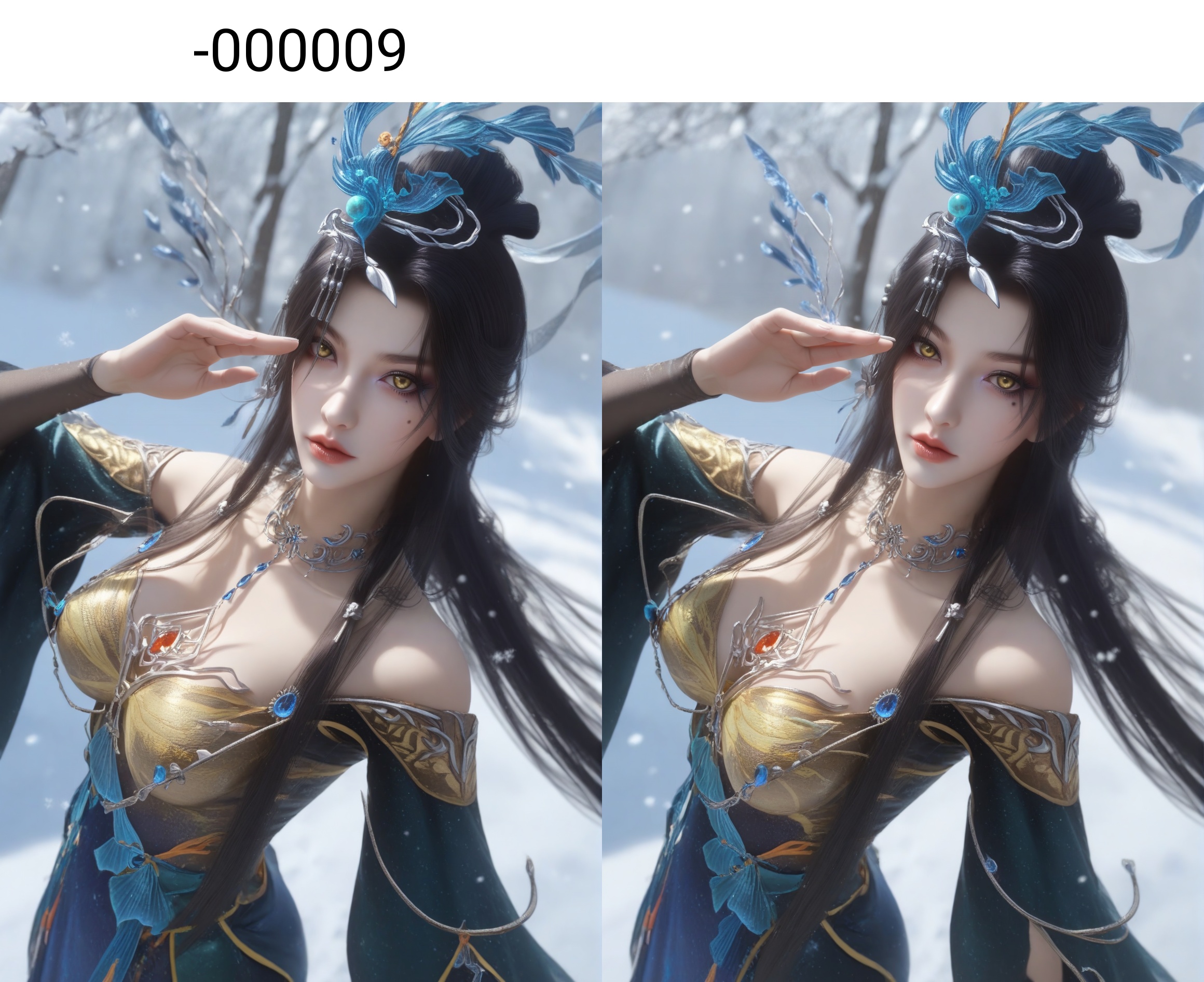 (score_9),(cowboy shot),<lora:云望舒-apony-000009:0.83>,yunwangshu,1girl,solo,yellow eyes,long hair,hair ornament,black hair,updo,hair bun,mole under eye,eyeshadow,makeup,metal collar,chest jewel,detached sleeves,dress,<lora:Expressive_H-000001:0.8>,front view,looking at viewer,dutch angle,dynamic_angle,from above,salute,one side up,mature female,collarbone,pointy breasts,puffy breasts,((large teardrop breasts)),cleavage,<lora:e肤色滑块:0.35>,fair_skin,(pale_skin),(white_skin),light skin,ultra-detailed skin texture,detailed textures,BREAKsimple background,in snow,Tyndall effect,available light,depth of field,tree,snowflakes,branch,twig,4K ultra HD,sharp focus,high detail,natural lighting,high contrast,<lora:e色温:0.3>,