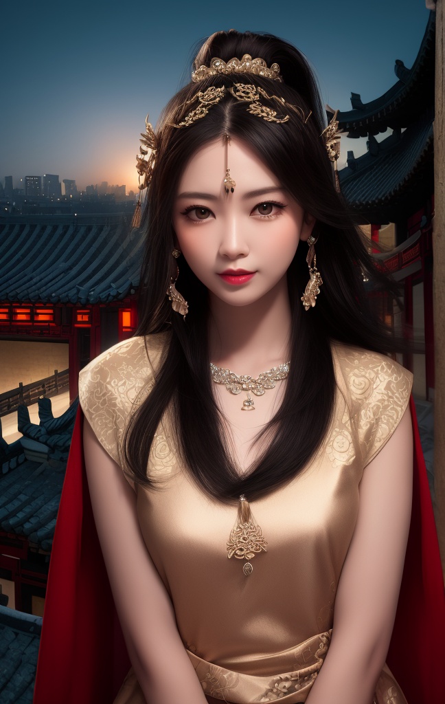 best quality, masterpiece, highres, 1girl,china dress,Beautiful face,hair ornament, solo,looking at viewer,smile,closed mouth,lips,china dress,dress,hair ornament, necklace, jewelry, long hair, earrings, chinese clothes,architecture,east asian architecture,building,outdoors,rooftop,city,cityscape,dark studio, rim lighting, two tone lighting, dimly lit, low key <lora:GuoFeng3.2_Lora_light:1.5>