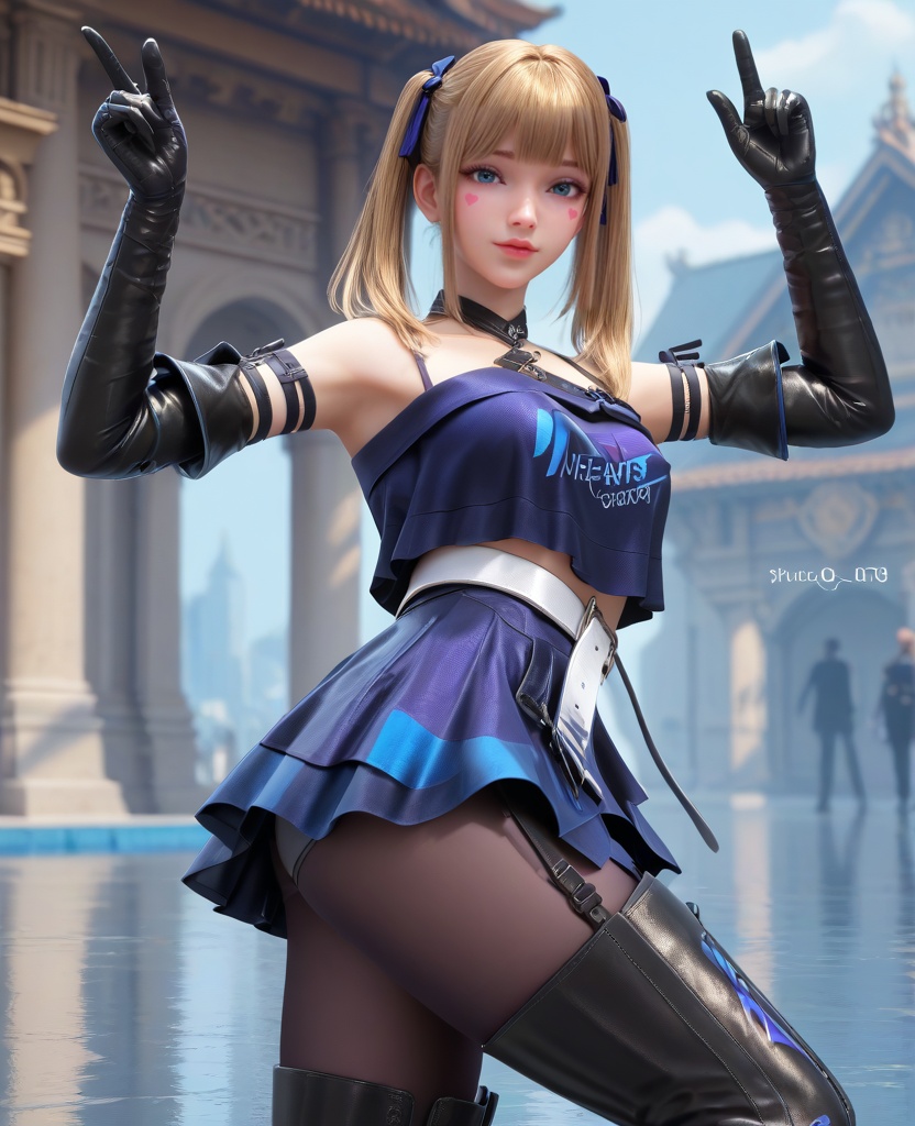 (oriental architecture, elegant decor, sophisticated style:1.1),(Standing with one arm raised, pointing in the distance:1.1),(breasts:1.2),<lora:XL16穿越火线晴雅保卫者:0.95>,miss qingya,black latex camisole,blue eyes,heart facial mark under left eye,blonde hair,twintails,hair ribbon,blue faux two-piece skirt,white belt,brown pantyhose,thigh strap,lips,black glove sleeves,black thigh boots,latex shorts,, score_9,score_8_up,score_7_up,score_6_up,score_5_up,score_4_up,3d rendering,tag1,tag2, Cinematic Lighting,backlighting,, zPDXL3, zPDXL2,zPDXL, zPDXLxxx, zPDXLrl,