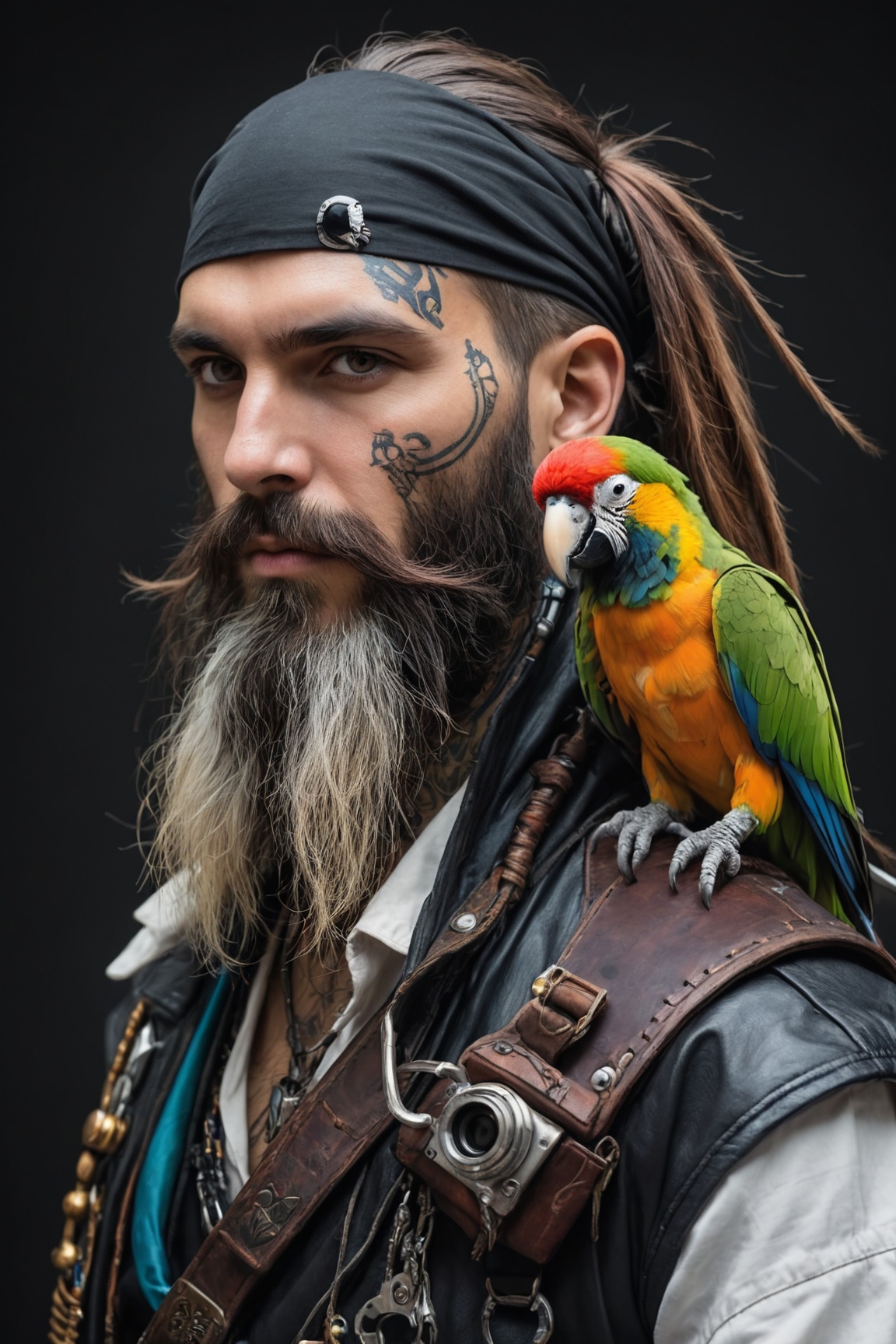 face portrait of a cyberpunk pirate woth a parrot on his shoulders,  long beard,  best quality on Tensor.Art