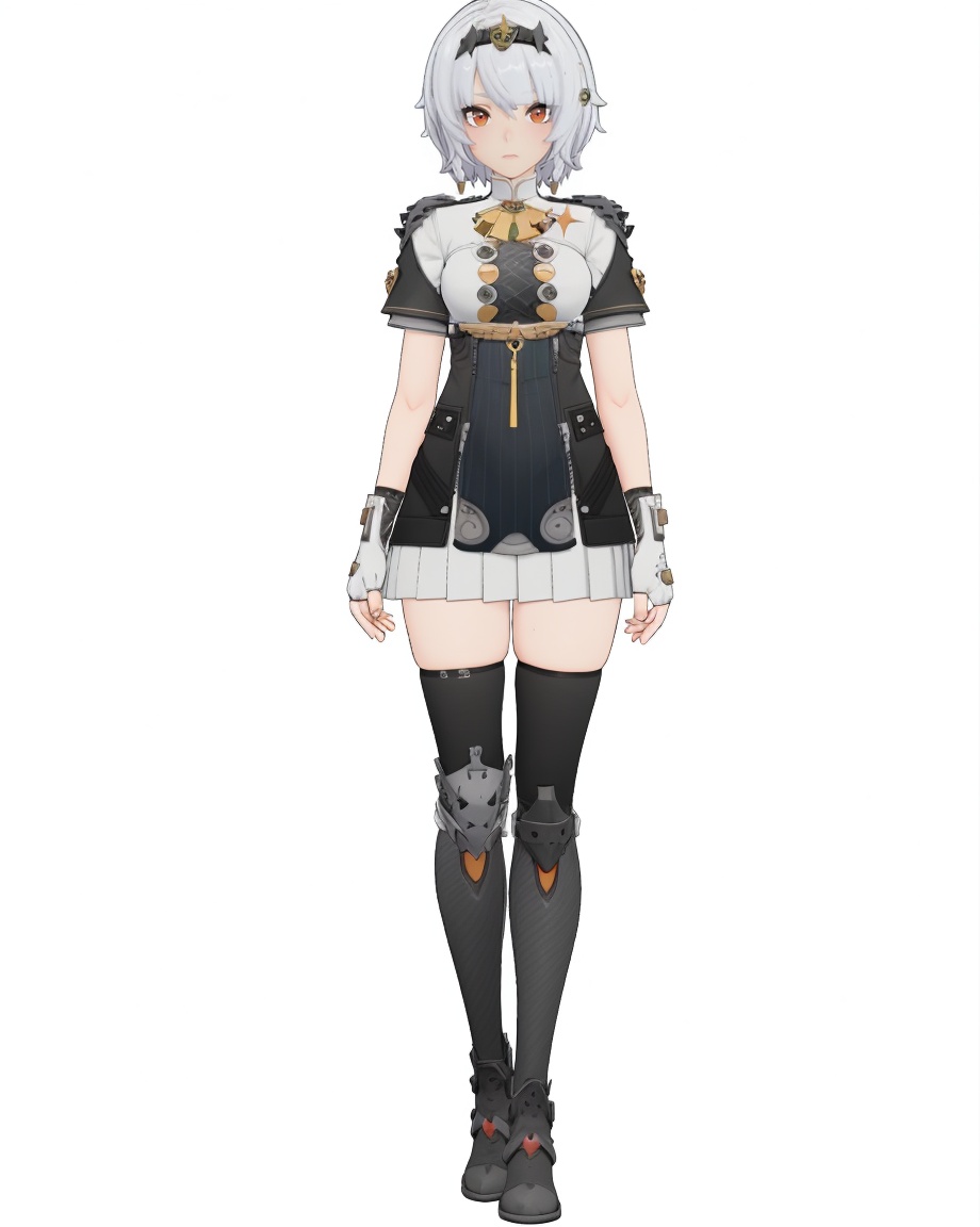 8k,best quality,masterpiece,(ultra-detailed),(high detailed skin),(by nanoless, by misumi \(macaroni\),:0.5),A full-body portrait of a young girl,standing gracefully,pastel art style,high-key lighting,shoujo manga influence,hd quality,delicate details,full body,full shot,standing,looking at viewer,(solo:1.2),simple background,white background,<lora:anbinew-sd-Tanger-000019:0.8>,anby demara \(silver soldier\), clothes: silver soldier black and white short dress, silver soldier clothes, 1girl, black knee boots, fingerless gloves, hairband, silver hair,