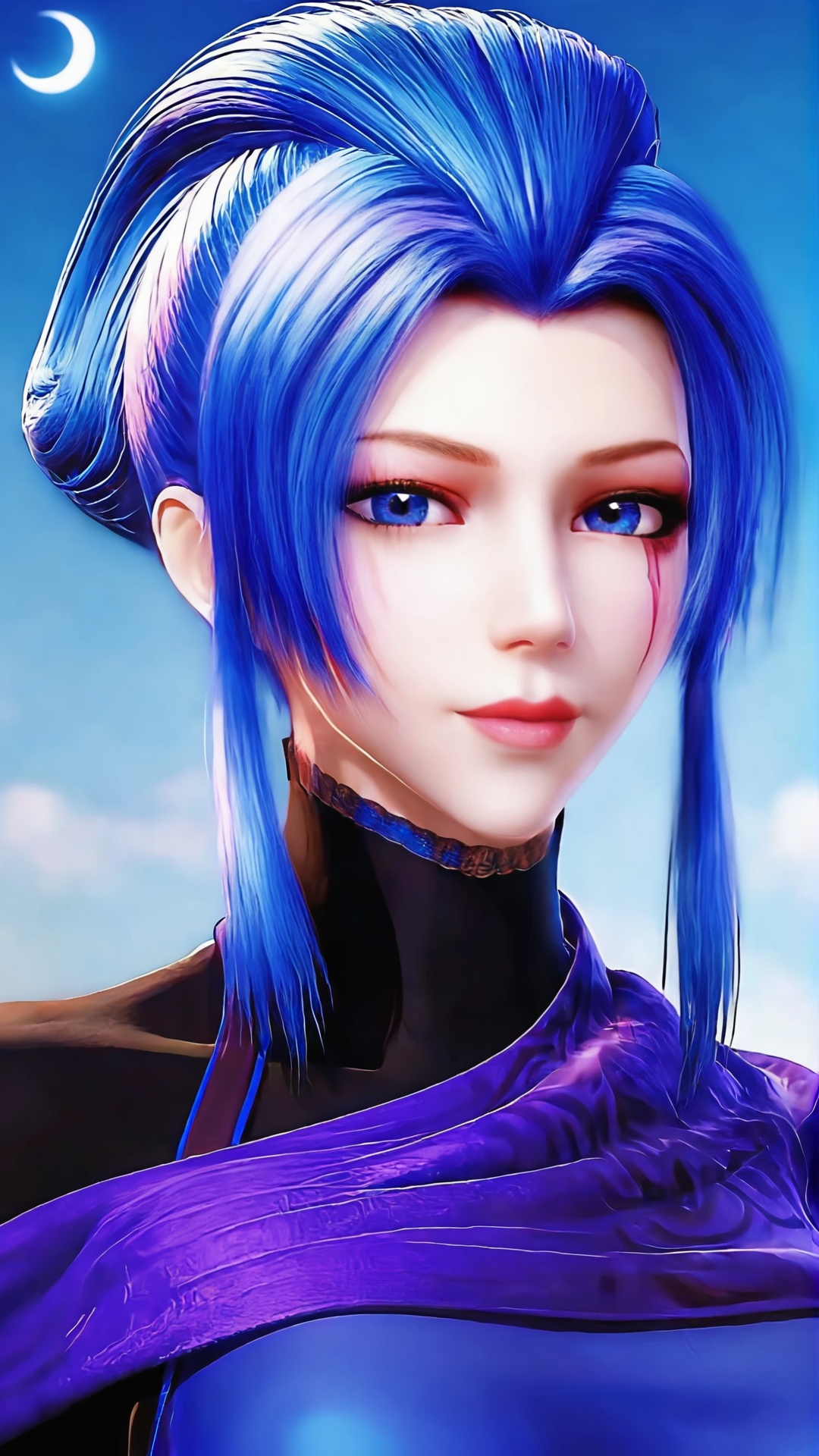 The image is a digital portrait of a young woman with blue hair. She has a serious expression on her face and is looking directly at the camera. Her hair is styled in a high ponytail with multiple strands of blue hair framing her face. She is wearing a purple and black outfit with a high collar and a choker necklace. The background is a blue sky with white clouds and a crescent moon. The overall mood of the image is dark and mysterious.,<lora:pony紫女:0.8>,