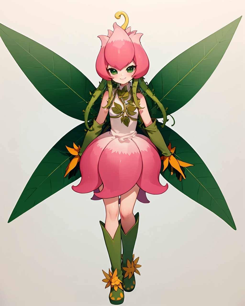 masterpiece,best quality, highly detailed, lilimon,1girl, solo, green wings, digimon (creature), gloves, smile, green footwear, traditional media, boots, flower, monster girl, plant, leaf, dress, simple background, white background, full body,<lora:lilimon:1>