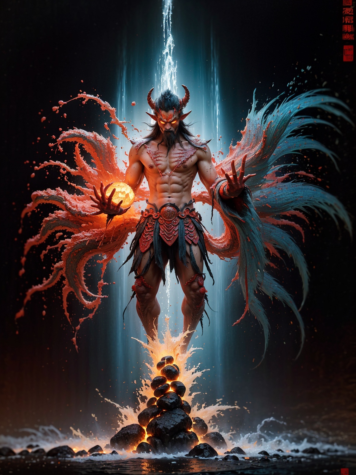 Master piece,highly detailed,best quality,high resolution,volcano,(lava\(glowing, splash,high in the air, surrounding monster\):1.2),full shot,front view,(minimalism:1.3),(chinese shanhaijing),(a monster from ancient Chinese myth\(standing on lava\) :1.5),( Chinese meticulous painting:1.5),(mmortal beast from Chinese mythology:1.1),Chinese classical patterns,****** of chinese,stunning atmosphere,
