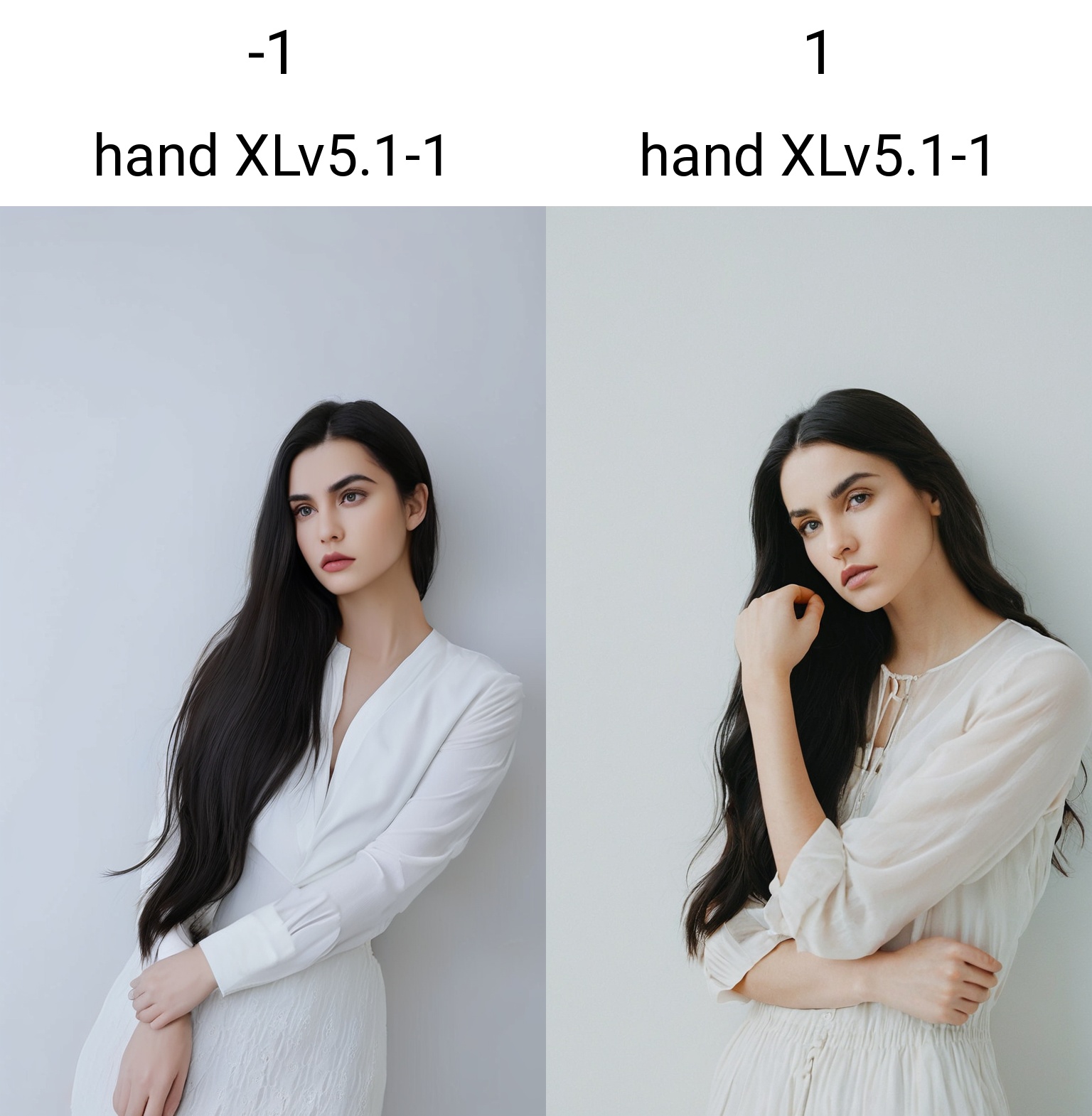 The image is a portrait of a young woman with long dark hair. The woman is looking directly at the camera with a serious expression on her face.   Her hand is resting on her chin, as if she is deep in thought.   The background is a plain white wall, which contrasts with the woman's outfit.   The overall mood of the image is mysterious and ethereal.   ,<lora:hand XLv5.1-1:-1>