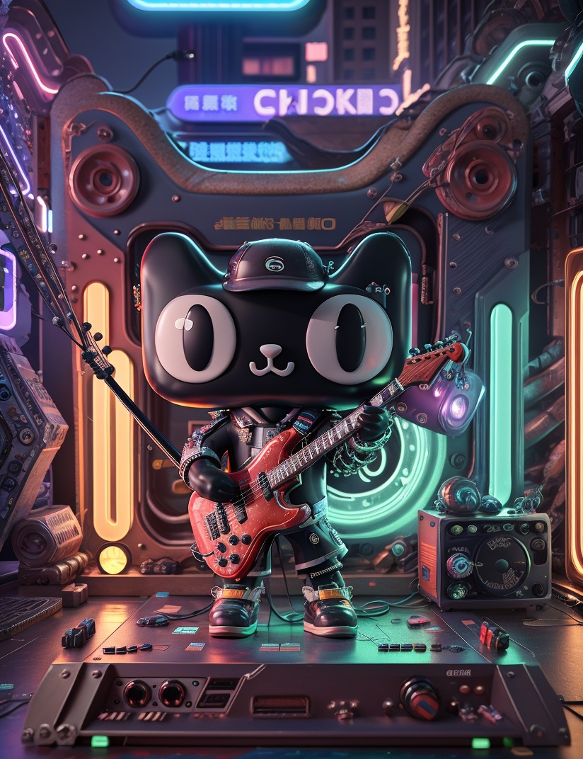 masterpiece, best quality,best quality,rich detail, (best quality),((masterpiece)),(highres), original, extremely detailed 8K wallpaper,(an extremely delicate and beautiful),((solo)),chibi,Tmall, Tmall IP,((led lights)),Bright colors, high saturation, iGuitar, electric, Cyberpunk, , stage, drums<lora:Tmall v2-000003:0.8>  <lora:detail_slider_v4:2>