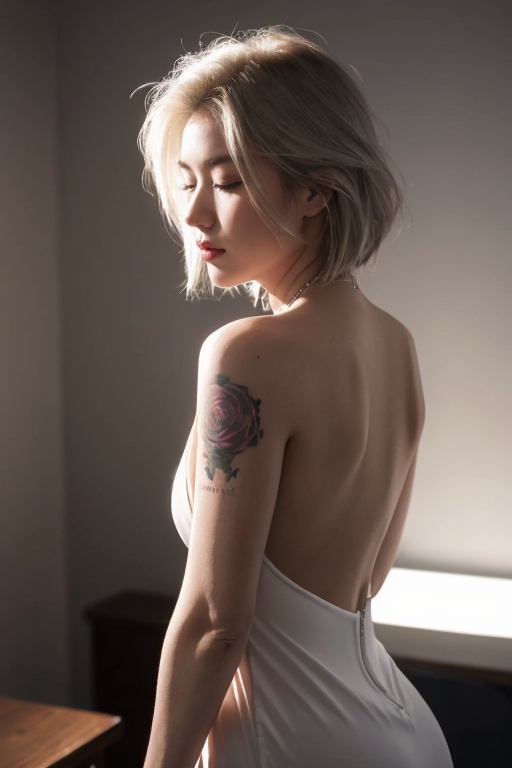 1girl,big breasts,unbuttoned clothes,ultra wide field,ultra dynamic lighting amazing shadows,Deep photo,depth of field,shadows,messy hair,seductive silhouette play,dark,nighttime,dark photo,grainy,dimly lit,shot on RED camera,harsh camera flash ((eyes closed)),white hair,white_marble_glowing_skin,backless_dress,tattoo,Rose,tattoo on the arm is the focus,