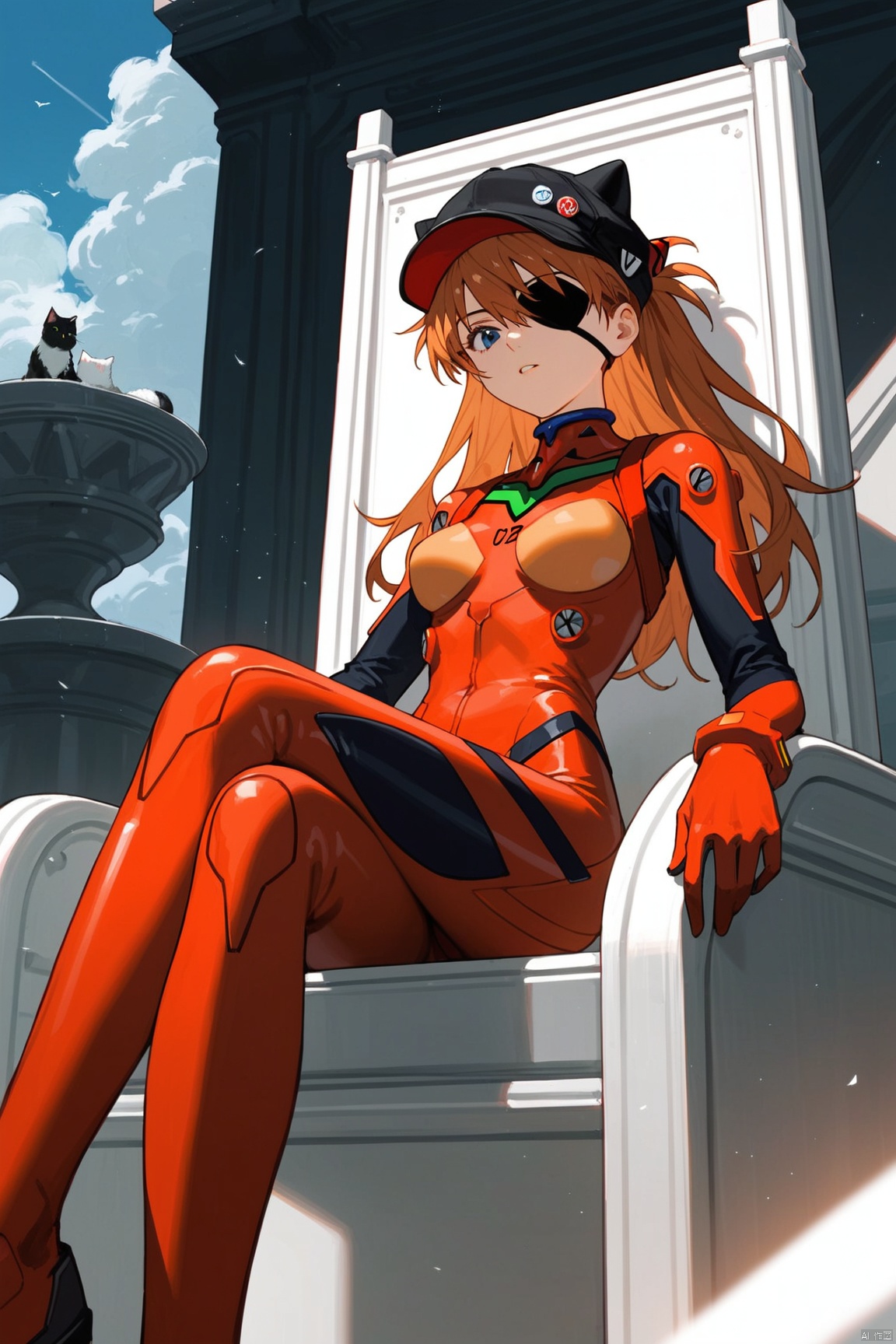 score_9, score_8_up, score_7_up, score_6_up, score_5_up, score_4_up, 1girl, souryuu asuka langley, neon genesis evangelion, rebuild of evangelion, lance of longinus, cat hat, plugsuit, pilot suit, red bodysuit, sitting, crossed legs, black eye patch, throne, looking down, from bottom, looking at viewer, outdoors