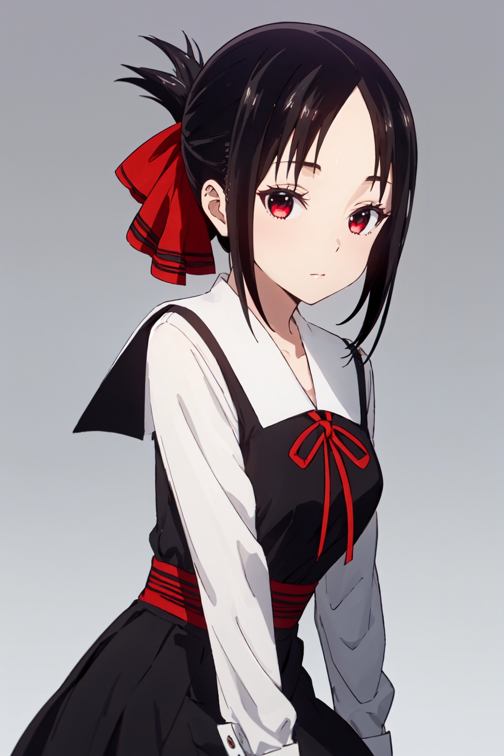 1girl,looking at viewer,solo,black hair,short hair,folded ponytail,red eyes,shuuchiin academy school uniform,dress,ribbon,red ribbon,socks,black socks,hair ribbon,black dress,kneehighs,shoes,long sleeves,<lora:Kaguya:0.8>,Kaguya_CYQL,portrait,beautiful face,beautiful eyes,glossy skin,shiny skin,grey background,simple background,posing in front,masterpiece,best quality,beautiful and aesthetic,contrapposto,female focus,wallpaper,fashion,