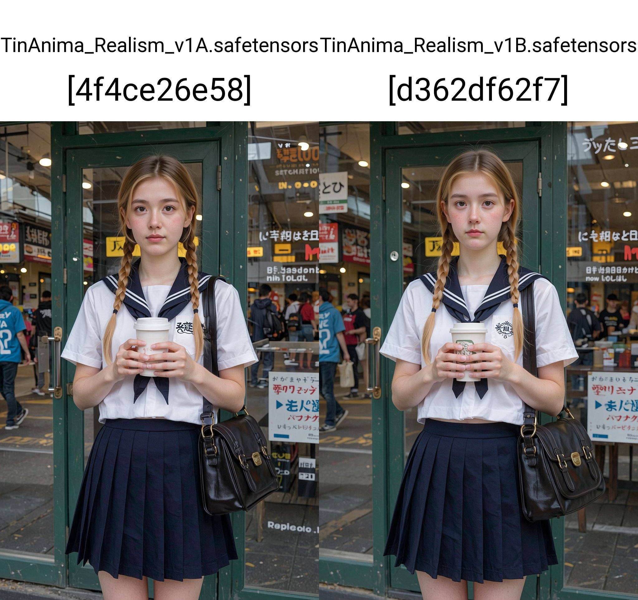 The image is a high-resolution photograph featuring a young woman standing in an urban setting,  likely in Japan,  based o...