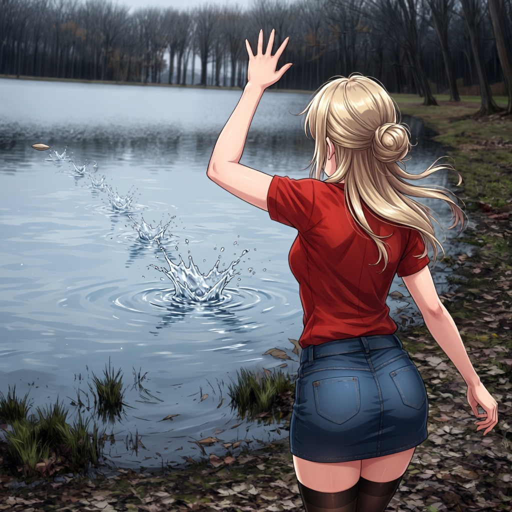 stone skipping,  throwing,  1girl on Tensor.Art