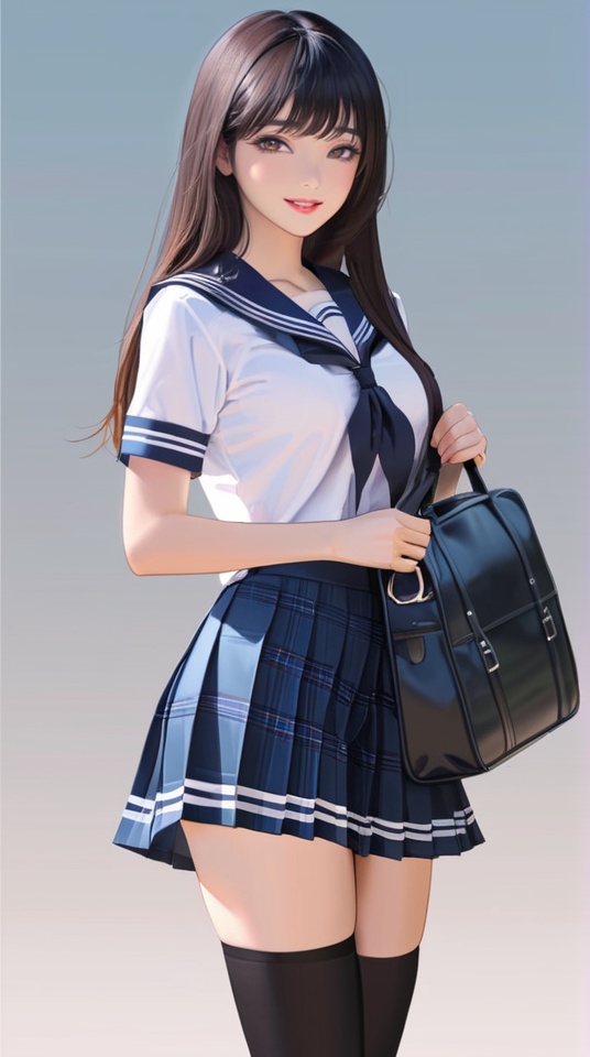 (best quality), ((masterpiece)), (highres), illustration, original, extremely detailed,<lora:韩の时尚衣橱:0.7>1girl, solo, skirt, thighhighs, bag, long hair, school uniform, looking at viewer, blue skirt, black thighhighs, pleated skirt, holding, shirt, holding bag, serafuku, short sleeves, parted lips, brown hair, smile, bangs, black hair, school bag, white shirt, gradient background, from side, gradient, breasts, sailor collar, blue sailor collar