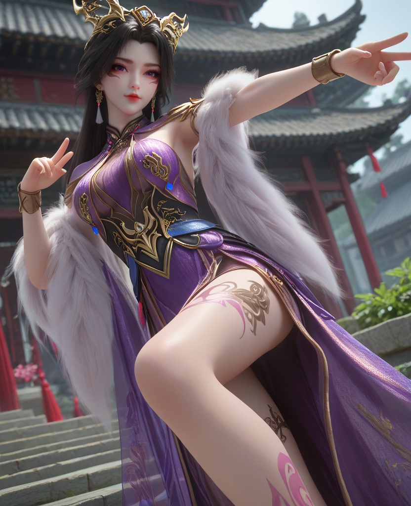 (oriental architecture, elegant decor, sophisticated style:1.1),(pointing at viewer:1.1),(breasts:1.2),<lora:XL16百炼成神司妙玲:0.95>,miss simiaoling,purple dress,purple eyes,lips,eyeshadow,facial mark,black hair,long hair,hair ornament,earrings,jewelry,fur shawl,sash,black underskirt,anklet,leg tattoo,barefoot,, zPDXL2, score_9, score_8_up, score_7_up BREAK realistic, masterpiece,best quality, highly detailed,, zPDXL3, zPDXL2,zPDXL, zPDXLxxx, zPDXLrl,