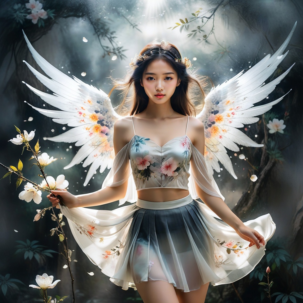 Chinese painting,Ethereal beauty,Ink wash painting,Ink splashes,Gongbi,Delicate brushwork,Zen simplicity,high quality,masterpiece,ultra-high resolution,incredible composition,extremely detailed,crazy details,a girl,angel wings,beautiful face,perfect female body,(skirt **** up of flowers:1.5),translucent body,transparent petals,luminous petals,gradient,contour light,light particles,award winning art,