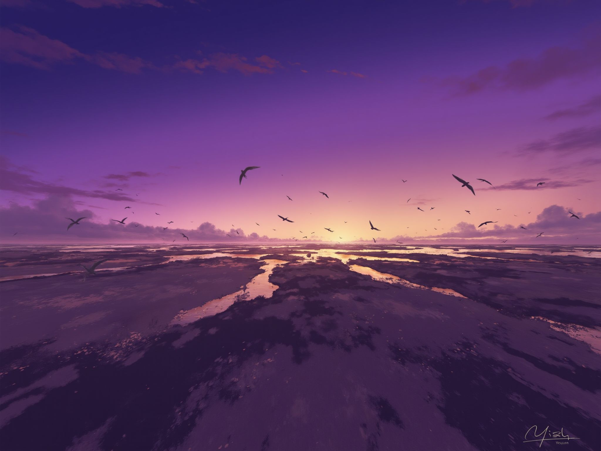 An illustration of a coastal inlet at twilight, with the tide receding to reveal a stretch of wet, glistening sand. The sky is a blend of purple and orange, and the silhouettes of seabirds can be seen against the fading light. The scene evokes a sense of the day's end and the quiet beauty of the shoreline. <lora:S_BLACKGROUD_:1>