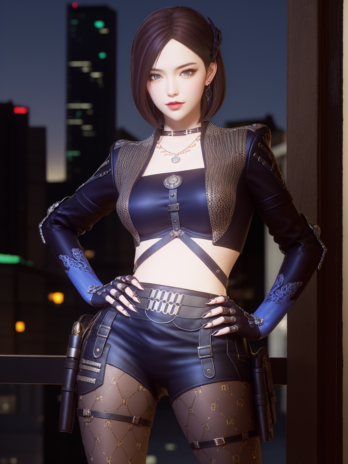 CFchuanshuoailishaBW, 1girl, solo,pantyhose, brown hair, boots, blue eyes, shorts, jewelry, necklace, midriff, short hair, gloves, choker, legwear under shorts, earrings, leather, lips, cropped jacket, thigh strap, crop top,  <lora:CFchuanshuoailishaBW:0.75>,cityscape, night, hand on hip, 