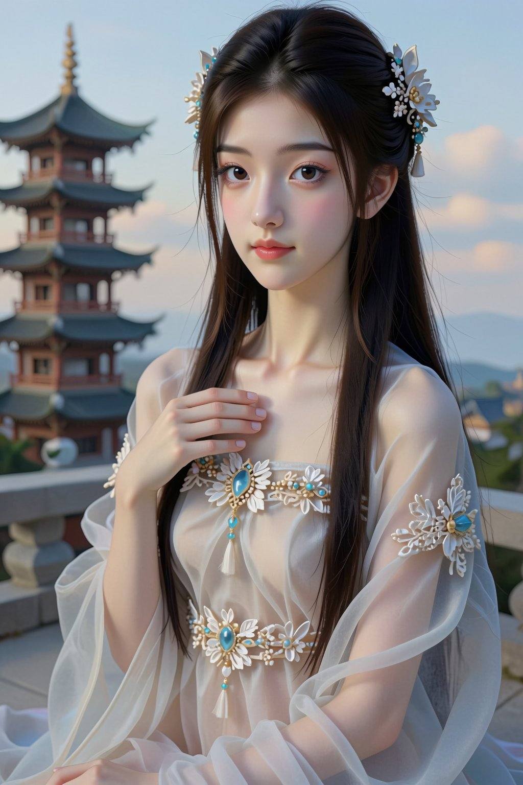 A young East Asian woman with long,  flowing black hair,  adorned with white flowers on Tensor.Art