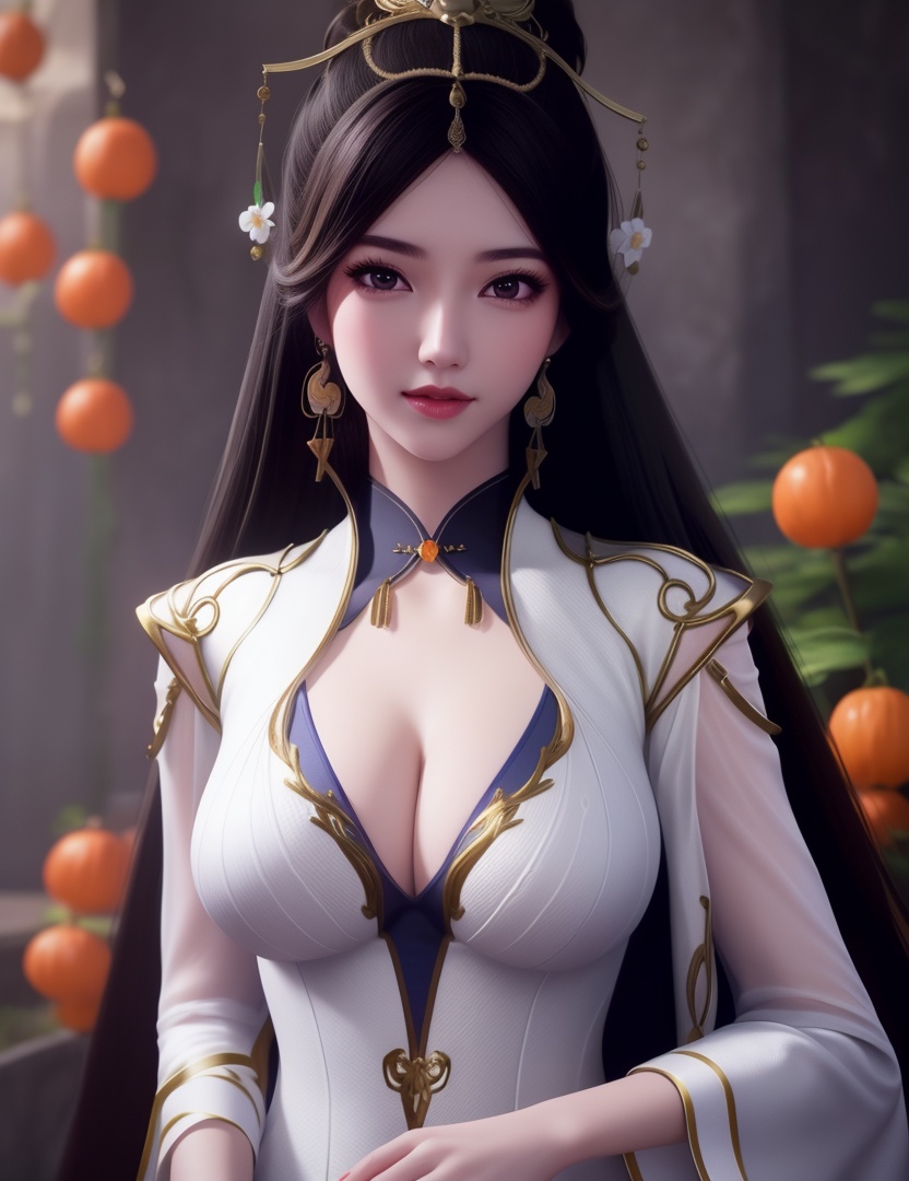 <lora:510-DA-万古狂帝-秋清儿:0.8>(,1girl, ,best quality, ),looking at viewer,  ,ultra detailed background,ultra detailed background,ultra realistic 8k cg,, ,masterpiece, (( , )),, ,      ,  orange blossoms,  (cleavage), (), ,,