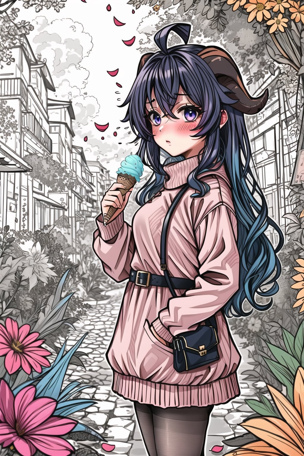 1girl,  solo,  long hair,  breasts,  looking at viewer,  blush,  bangs,  long sleeves,  dress,  holding,  hair between eyes,  closed mouth,  blue hair,  purple eyes,  flower,  ahoge,  pantyhose,  sidelocks,  outdoors,  food,  horns,  sky,  alternate costume,  day,  belt,  cloud,  bag,  sweater,  black pantyhose,  petals,  holding food,  casual,  handbag,  ice cream,  sweater dress,  goat horns,  falling petals,  ice cream cone,  purple sweater,  ganyu \(genshin impact\),,<lora:秘密花园:0.8>,