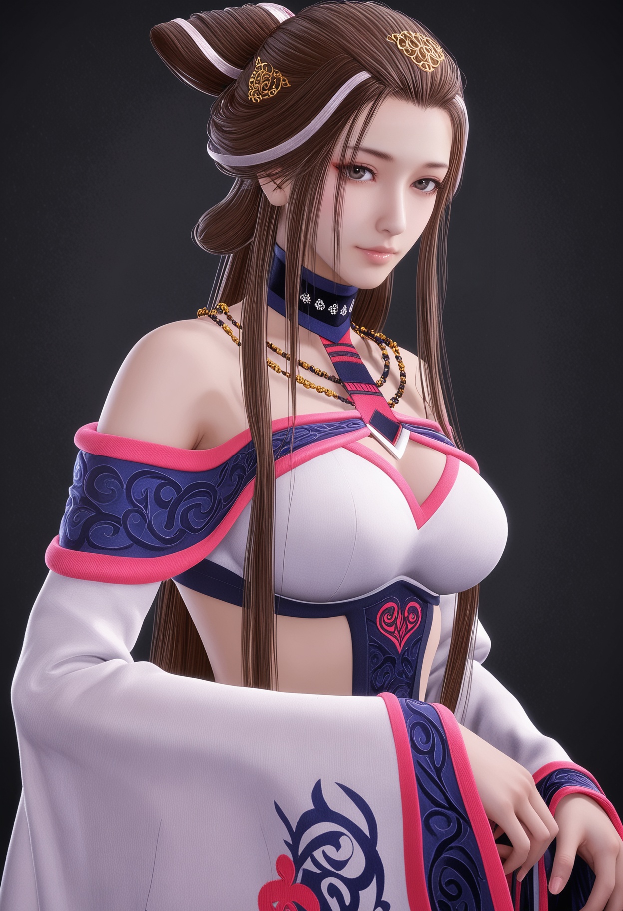 (gigantic breasts:0.6),(cowboy shot:1.1),(looking at viewer:1.1),facing viewer,direct gaze,<lora:YQ_pony_xiangfuren_V4:0.8>,q1528437228,1girl,solo,long hair,black hair,jewelry,bare shoulders,necklace,hair ornament,brown hair,dress,sidelocks,wide sleeves,long sleeves,choker,hair bun,brown eyes,detached sleeves,grey eyes,blue eyes,BREAK simple background,pure black background,black background,perfect anatomy,