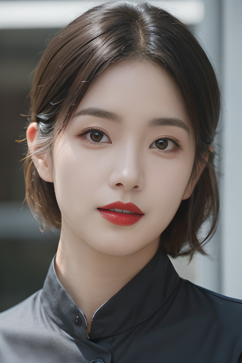 <lora:0805_01:0.7>,mugglelight, there is an asian woman with a red lipstick and a black shirt, solo, male focus, portrait, black hair, black eyes, close-up,, 1girl,realistic,masterpiece, best quality, photorealistic, HDR,detail