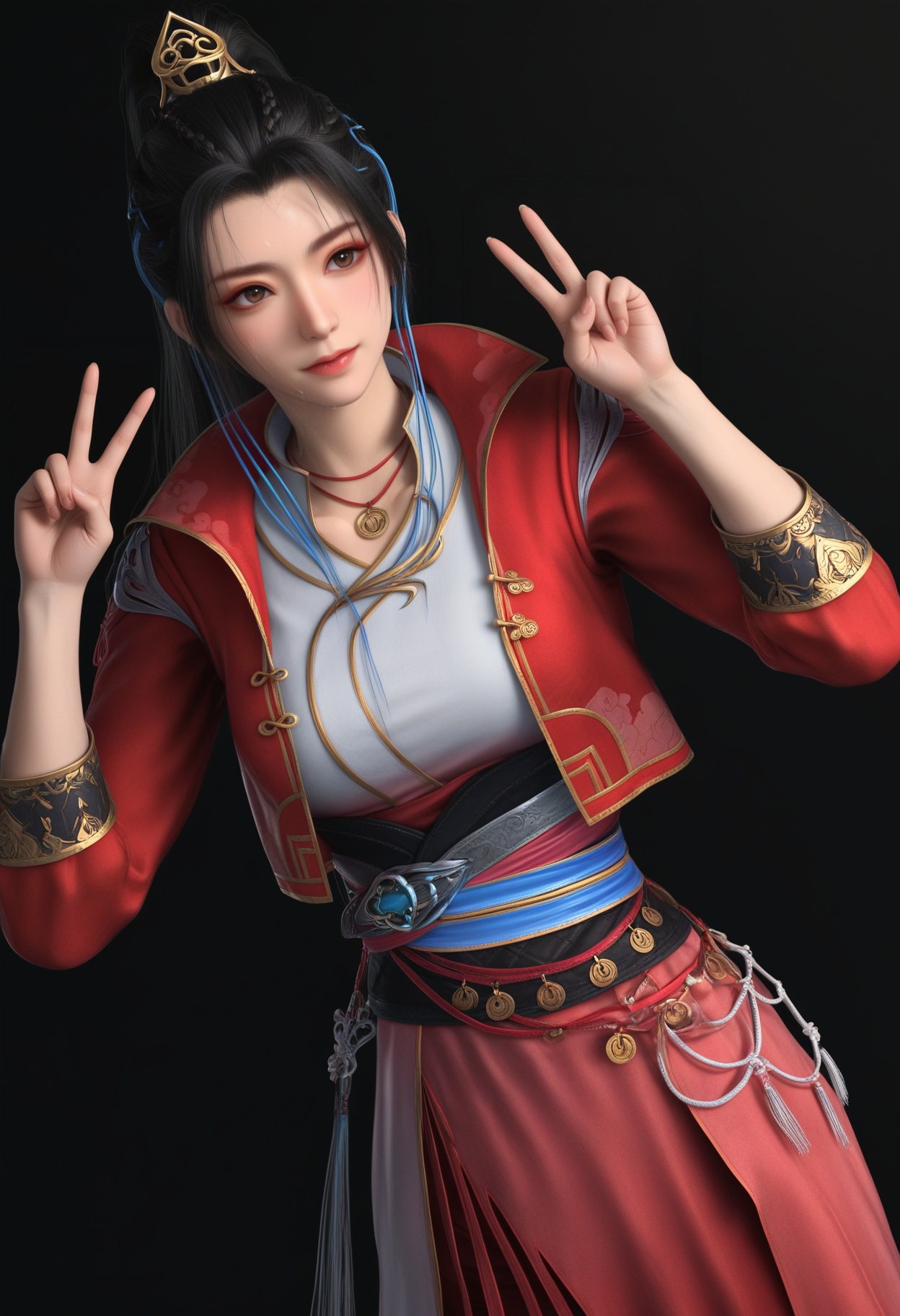 (score_9),masterpiece,best quality,absurdres,highres,BREAK(mature_female),collarbone,<lora:尹落霞-Aill:0.86>,1girl,solo,long hair,black hair,high ponytail,small golden crown hairpin,blue hair ribbons,necklace,<lora:e肤色滑块:0.8>,(white_skin),(sweaty skin),(Ivory_skin),light_skin,(very sweaty),red outfit,mandarin collar,short jacket,multi-layered belt,high slit skirt,red shorts,BREAKlooking at viewer,front view,(double v),BREAKsimple background,black background,