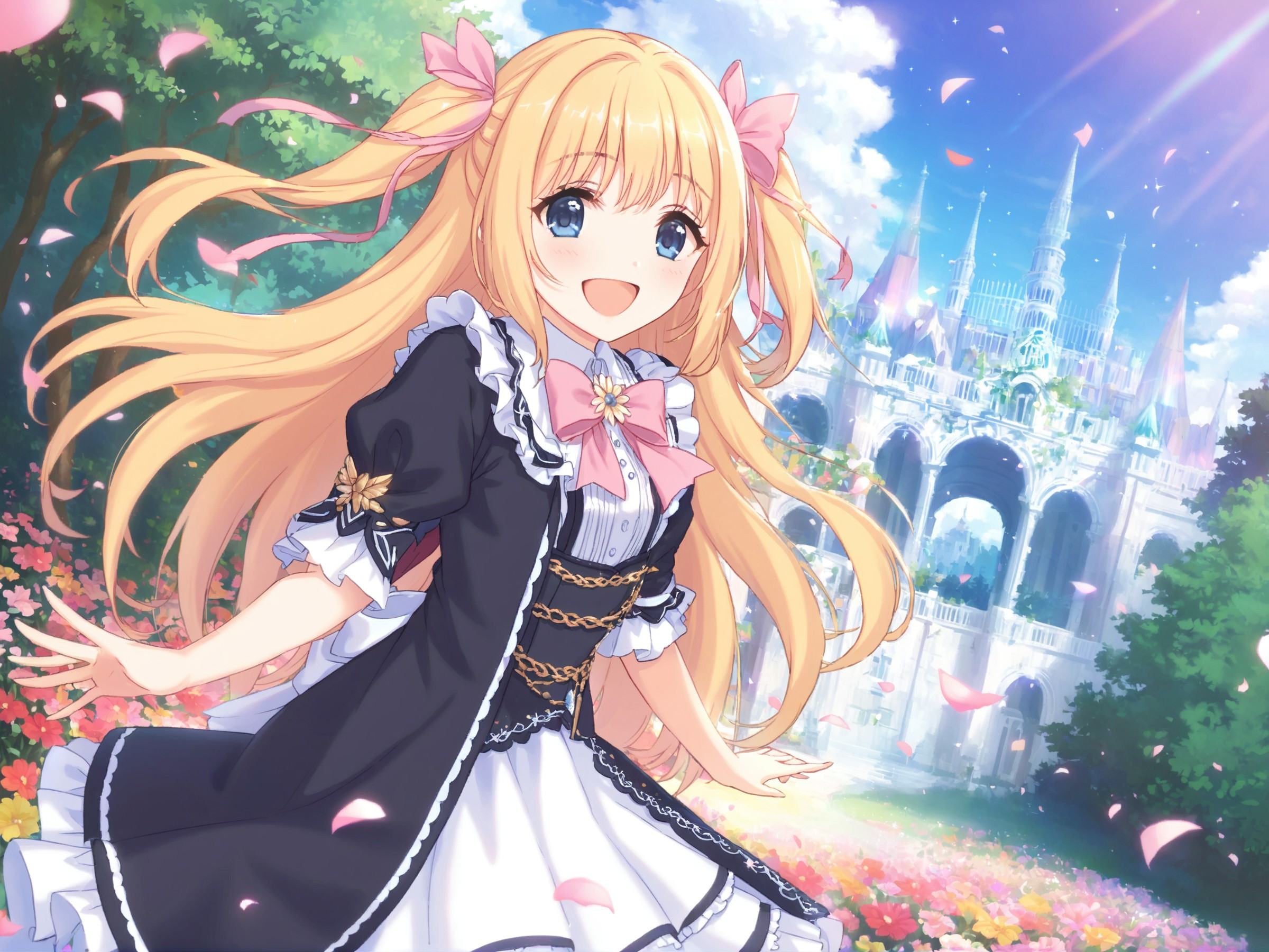 ((masterpiece)),(best quality),(beautiful detailed eyes),(ultra-detailed),(finely detail),(highres),two side up,detailed beautiful long blonde hair,pink ribbon,detailed beautiful blue eyes,white frilled dress,lace-trimmed,long sleeves,flower garden,wind,happy,laughing,confetti,petals,blue sky with clouds,(crystal trees:1.2),(detailed beautiful flowers:1),detailed beautiful background,<lora:pcr-xl-fp8-lokr-v2:0.8>,