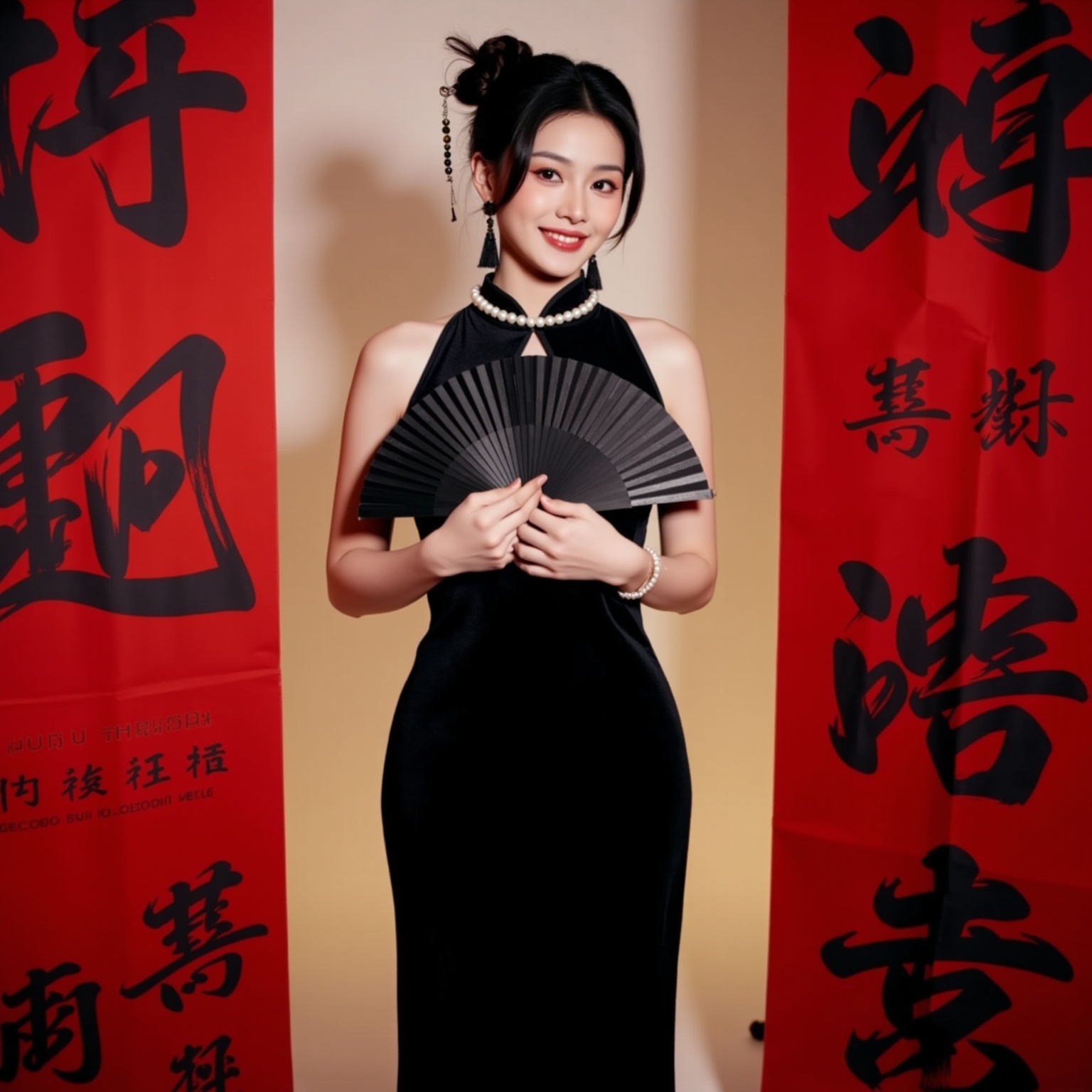 1girl,The picture is a high-resolution photograph featuring a young East Asian woman standing in front of two large, vertical red banners adorned with black Chinese characters. She is dressed in a traditional Chinese cheongsam, a high-necked, fitted black silk dress with a high collar and a slit on the side, exuding elegance and grace. The dress is sleeveless, revealing her slender arms. Her long, straight black hair is styled in an elegant updo with a few strands elegantly framing her face. She wears large, black, drop earrings and a string of pearls around her neck, adding a touch of sophistication.She holds a black, folded fan in her right hand, which she holds close to her chest. Her facial expression is serene, with a slight smile and her lips painted a subtle pink. The background is a minimalist, neutral-toned setting, with the bright red banners and black Chinese characters creating a striking contrast. The overall ambiance is one of cultural reverence and timeless beauty. The photograph captures a moment of quiet contemplation and elegance, with the subject positioned slightly off-center, emphasizing her as the focal point. <lora:新年摄影FLUX:0.9>