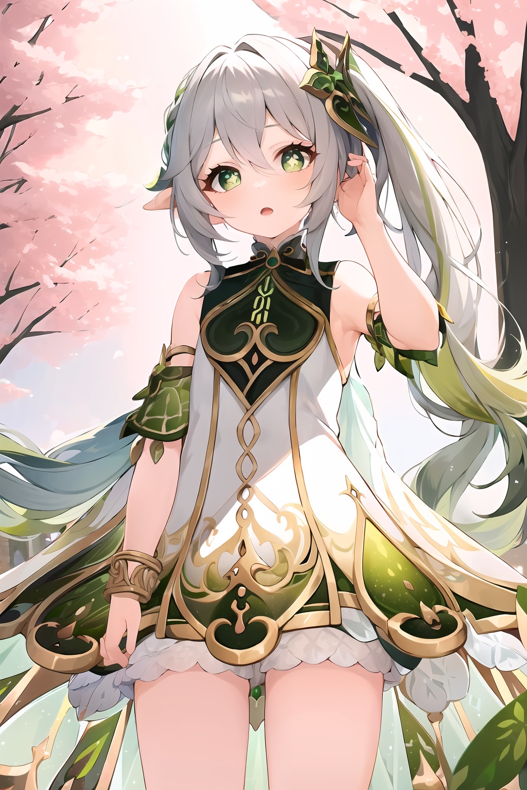(masterpiece, best quality:1.2),insanely detailed,absurdres,ultra-highres,ultra-detailed,best quality,slender,kawaii,perfect symmetrical face,ultra cute girl,ultra cute face,ultra detailed eyes,ultra cute,ultra beautifu,toeless legwear,nahida \(genshin impact\),1girl,solo,loli,symbol-shaped pupils,1girl,solo,loli,white dress,bare shoulders,side ponytail,hair ornament,jewelry,bracelet,detached sleeves,sleeveless dress,bloomers,<lora:nahida-000008:1>,+_+,open mouth,adjusting hair,outdoors,standing,