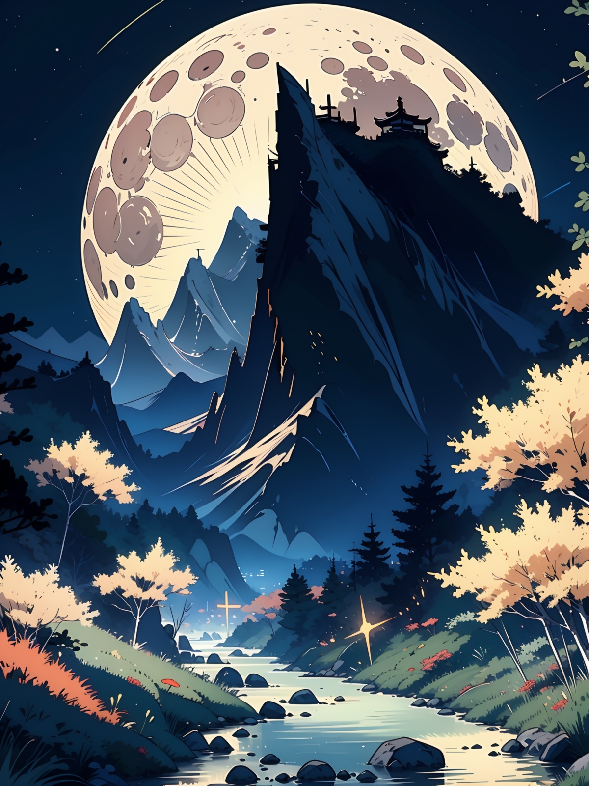 Chinese style,ancient china,(a dim background:1.4),(night:1.4),village,mountain,stream,crescent_moon,stars,starry_sky,in a meadow,<lora:MMkongbuMM_20230719103004:0.8>,, masterpiece,best quality,