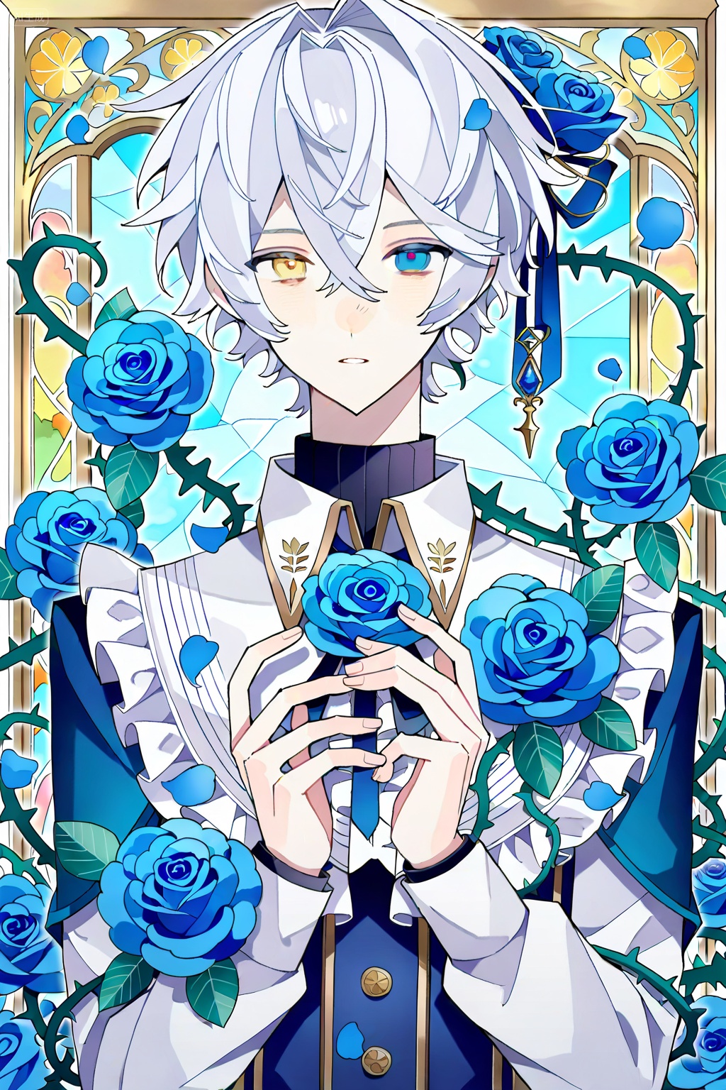 solo,, looking at viewer,, short hair,, blue eyes,, hair ornament,, long sleeves,, 1boy,, hair between eyes,, yellow eyes,, upper body,, flower,, white hair,, male focus,, frills,, petals,, rose,, heterochromia,, blue flower,, blue rose,, bishounen,, thorns,, Negative prompt: ng_deepnegative_v1_75t,badhandv4,EasyNegative,worst quality,username,out of focus,bad proportions,watermark,cropped,signature,worstquality,grayscale,logo,text,blurry,low quality,bad anatomy,sketches,lowres,normal quality,monochrome,,nsfw, Steps: 29, Sampler: Euler a, CFG scale: 7.0, Seed: 2679230530, Size: 1024x1536, Model hash: e645ee1569, Model: Anime Model-Illustrious_v1.00.safetensors, Denoising strength: 0.0, RNG: CPU, Lora 1: 【ELK】Fire‘, Lora Hash 1: 4f3a21e23f, Lora Weight 1: 0.8, vae_name: automatic