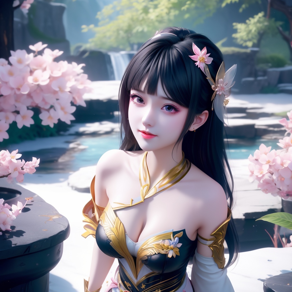 <lora:739-DA-斗破苍穹-慕青鸾:0.8>, (,1girl, ,best quality, ),looking at viewer,  ,ultra detailed background,ultra detailed background,ultra realistic 8k cg,, ,masterpiece, (( , )),, ,   ,   cure blossom,  ,,  (cleavage), (), ,,