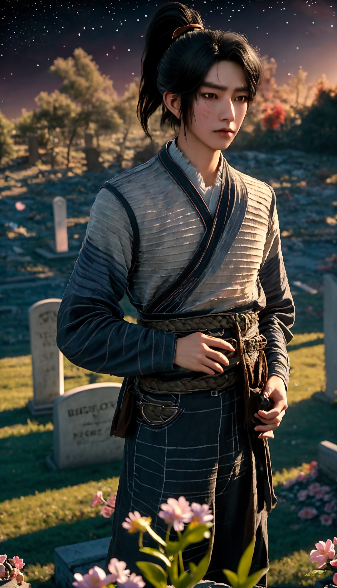 solo,blurry background,black hair,looking at viewer,realistic,black eyes,lips,closed mouth,scar,short hair,ponytail,day,<lora:Chenpingan Boy_20240906021908:0.8>,1boy,<lora:20240601-1717253745719:0.7>,<lora:美颜lora:0.6>,old,ponytail,cowboy_shot,medium_shot,<lora:hanfu_20231118200453:0.8>,starry sky,flowers meadows,tombstone,graveyard,grave,